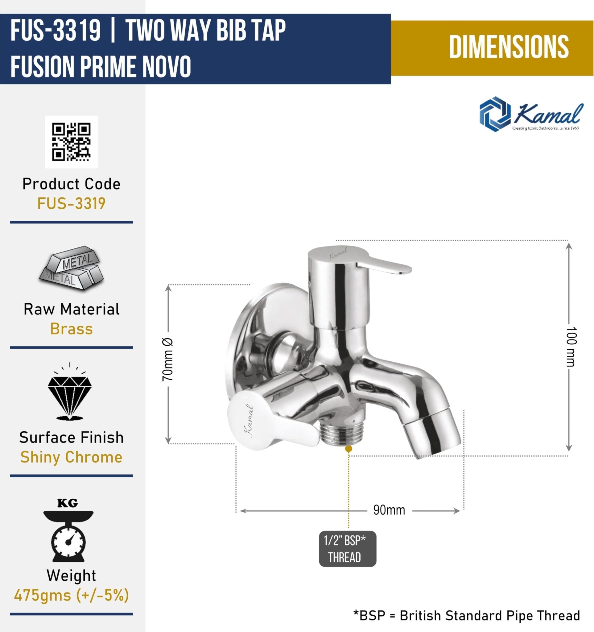 Fusion Prime Novo Two Way Bib Tap (Full Brass) - by Kamal - Fusion Prime Novo - Kamal Bathware