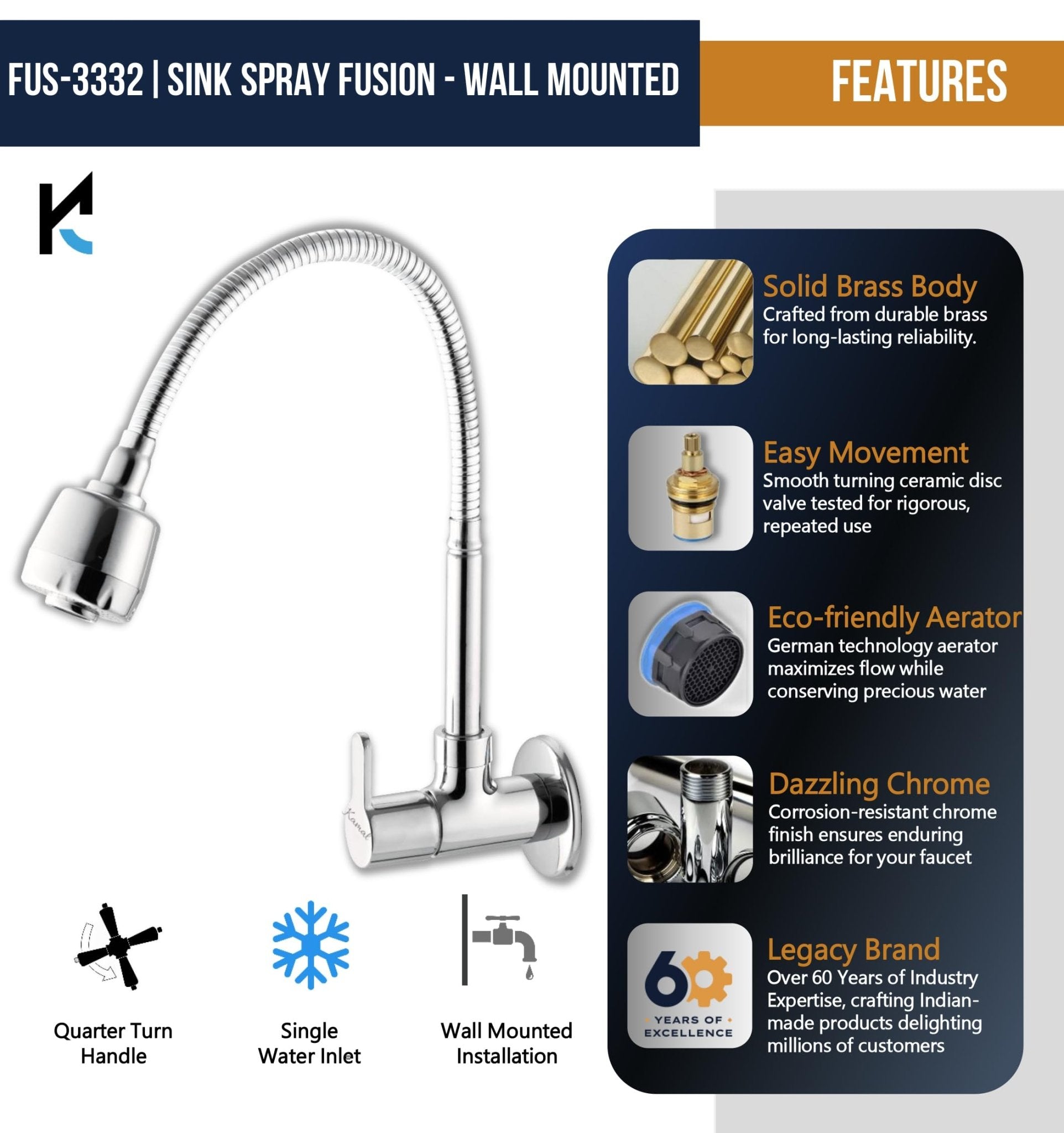 Fusion Sink Spray Tap (Brass & Silicone) - by Kamal - Kamal Bathware