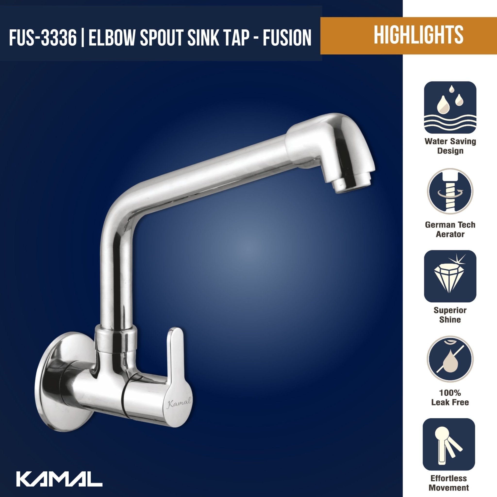 Fusion Sink Tap Elbow Spout (Full Brass) - by Kamal - Fusion - Kamal Bathware