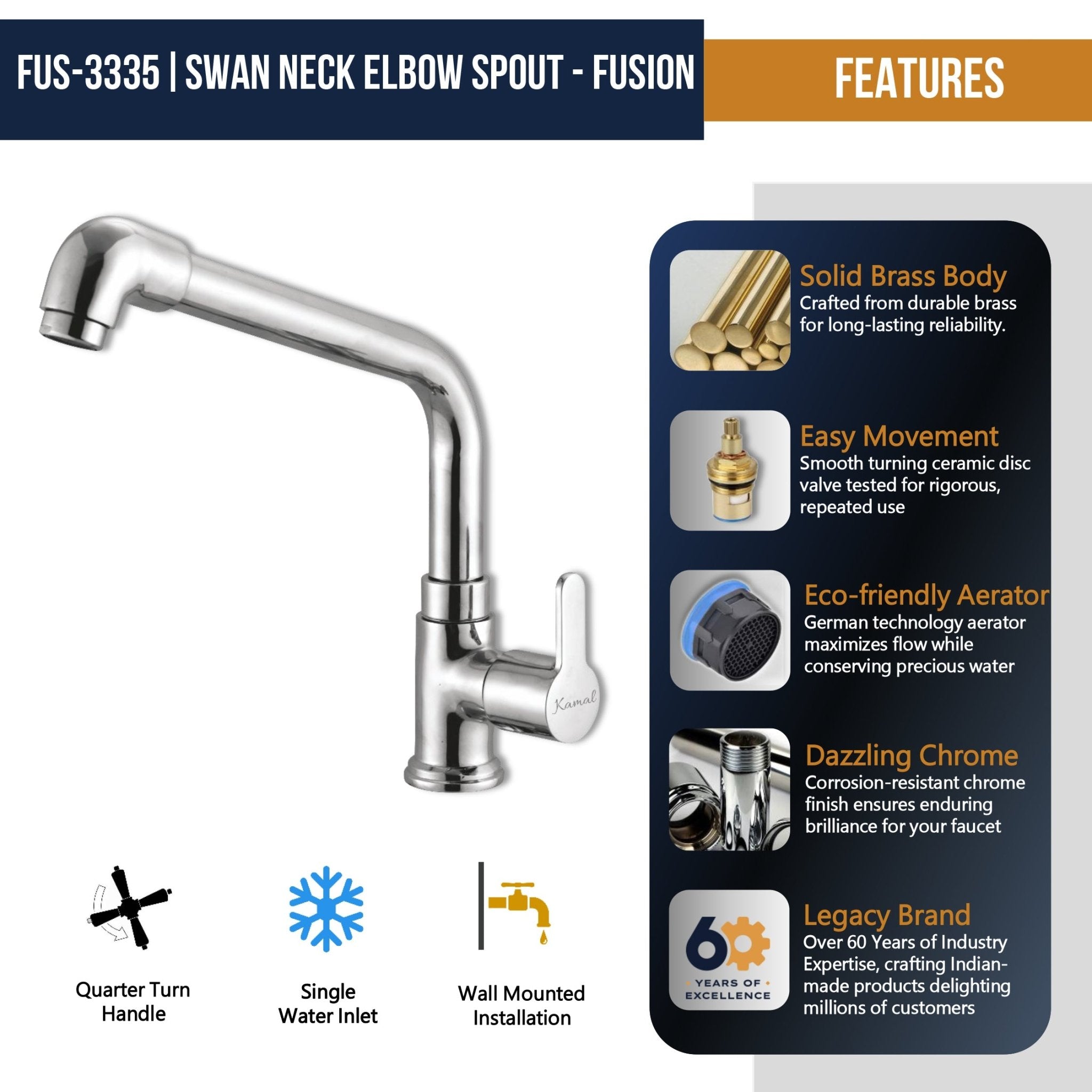 Fusion Swan Neck Elbow Spout (Full Brass) - by Kamal - Fusion - Kamal Bathware