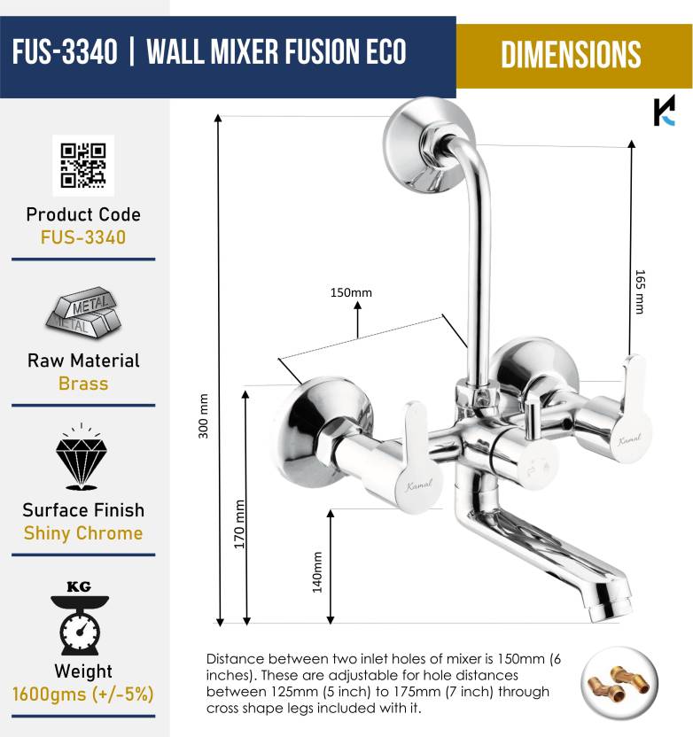 Fusion Wall Mixer with L Bend Pipe (Full Brass) - by Kamal - Fusion - Kamal Bathware