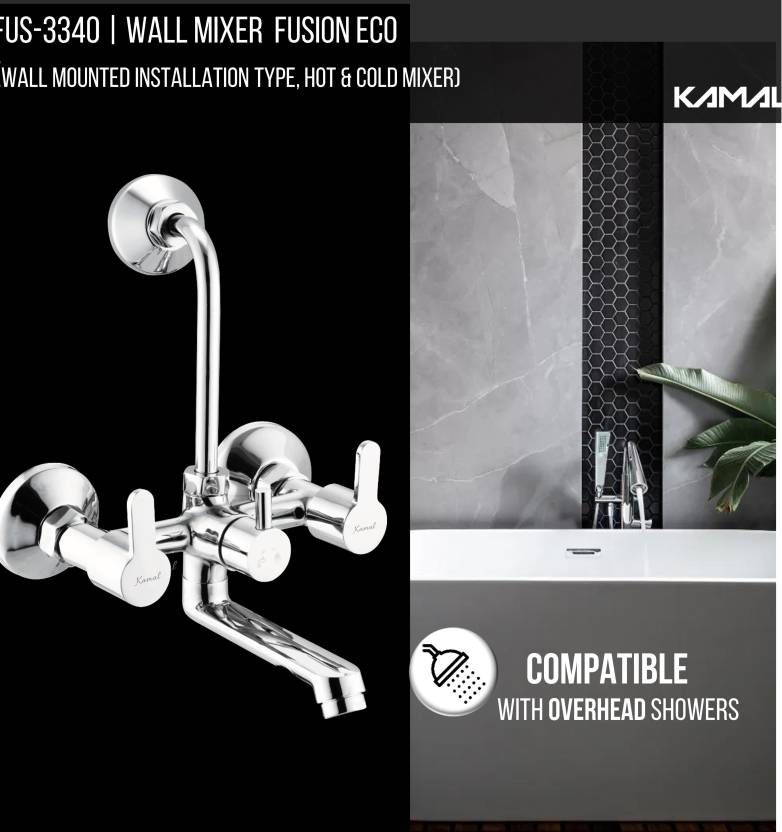 Fusion Wall Mixer with L Bend Pipe (Full Brass) - by Kamal - Fusion - Kamal Bathware