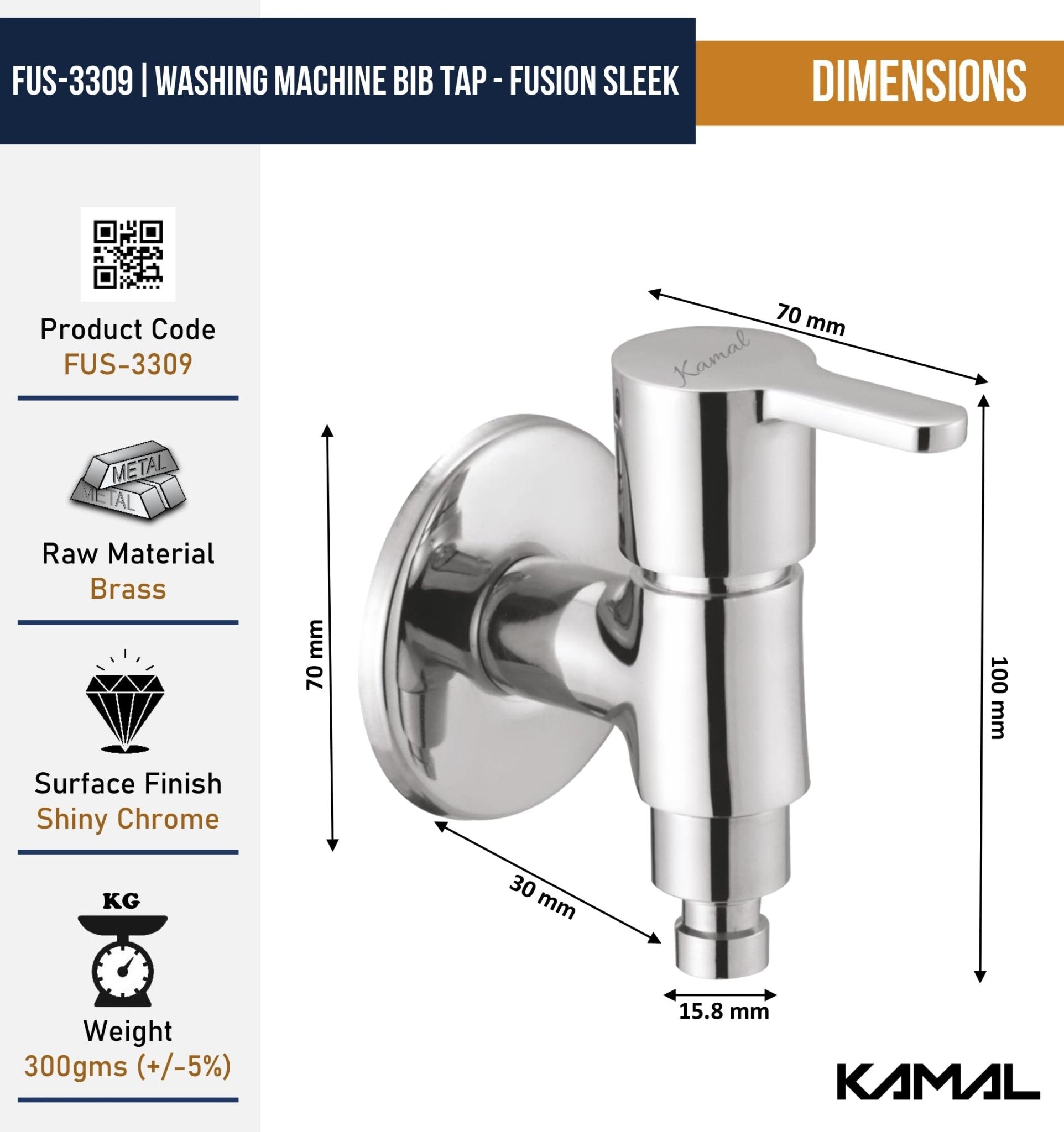Fusion Washing Machine Bib Tap (Full Brass) - by Kamal - Fusion - Kamal Bathware