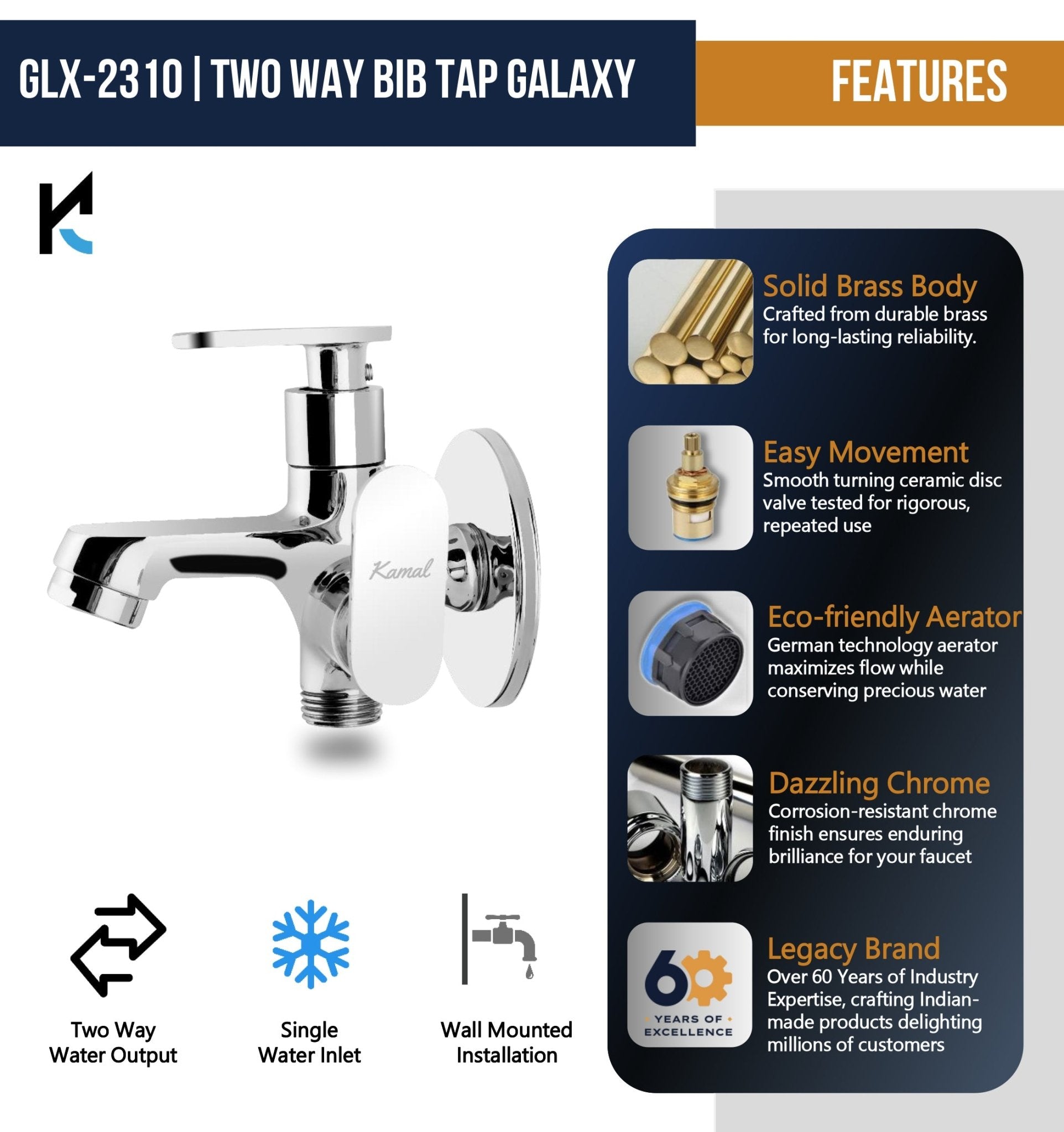 Galaxy Two - Way Bib Tap (Full Brass) - by Kamal - Galaxy - Kamal Bathware