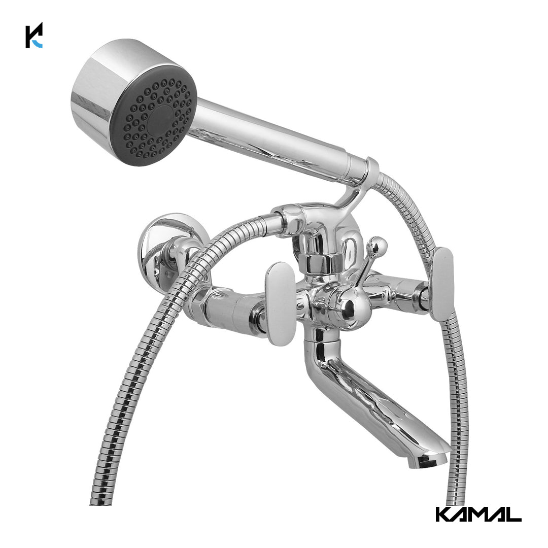 Galaxy Wall Mixer with Crutch & Hand Shower (Full Brass) - by Kamal - Galaxy - Kamal Bathware