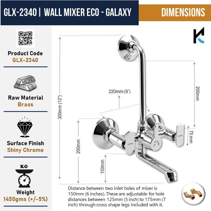 Galaxy Wall Mixer with L Bend Pipe (Full Brass) - by Kamal - Galaxy - Kamal Bathware