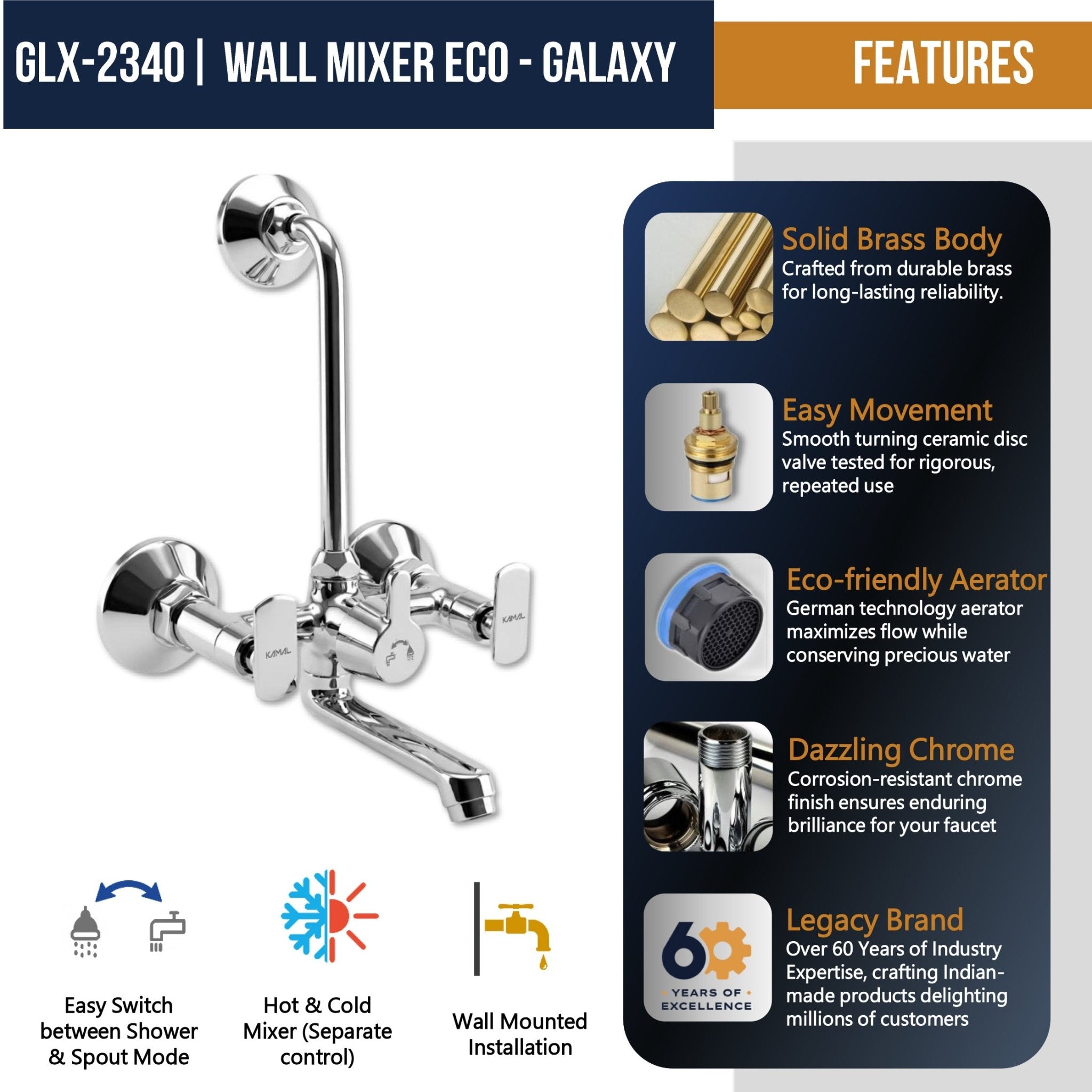 Galaxy Wall Mixer with L Bend Pipe (Full Brass) - by Kamal - Galaxy - Kamal Bathware
