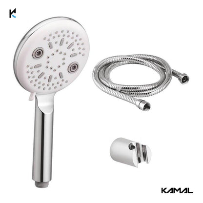 Gio Hand Shower Multiflow (White & Grey) With SS Flexible Tube 1.5 Mtr (150cm) & Wall Hook - by Kamal - Gio - Kamal Bathware