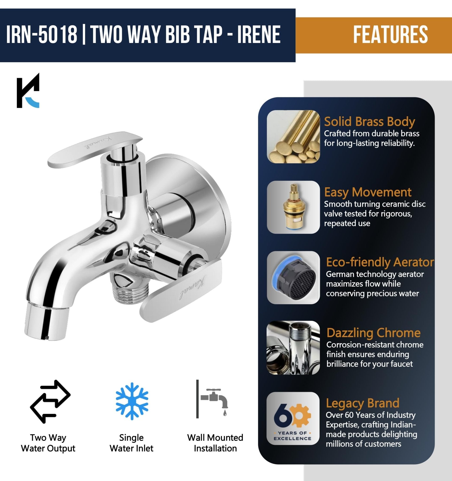 Irene 2 in 1 Brass Bib Tap (Full Brass) - by Kamal - Kamal Bathware
