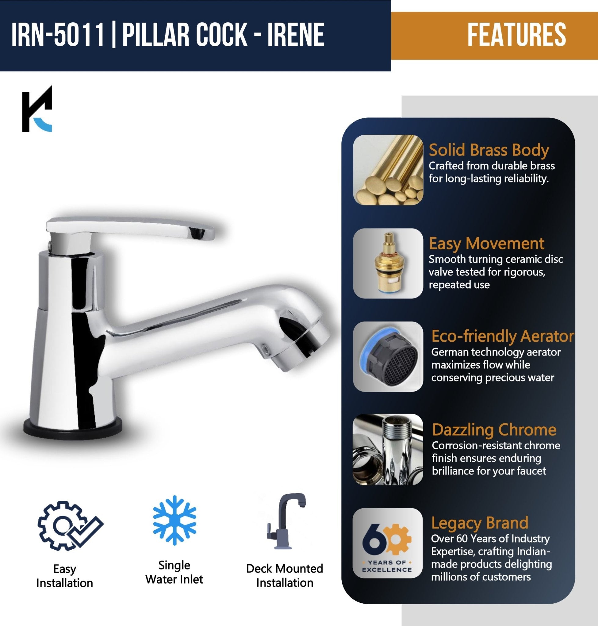 Irene Pillar Tap (Full Brass) - by Kamal - Kamal Bathware