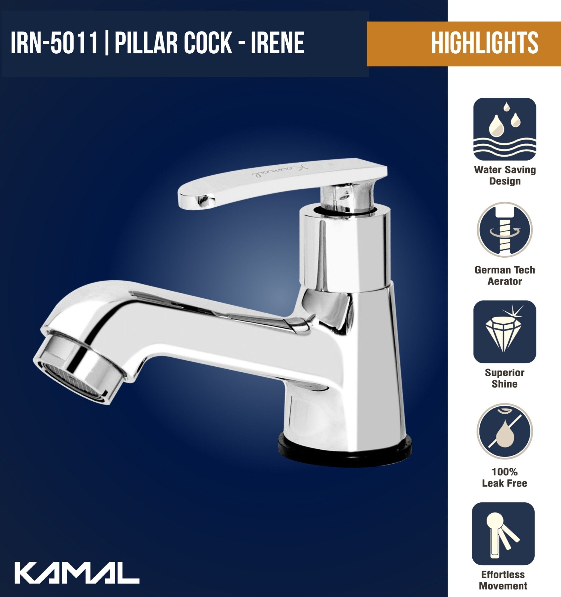 Irene Pillar Tap (Full Brass) - by Kamal - Kamal Bathware