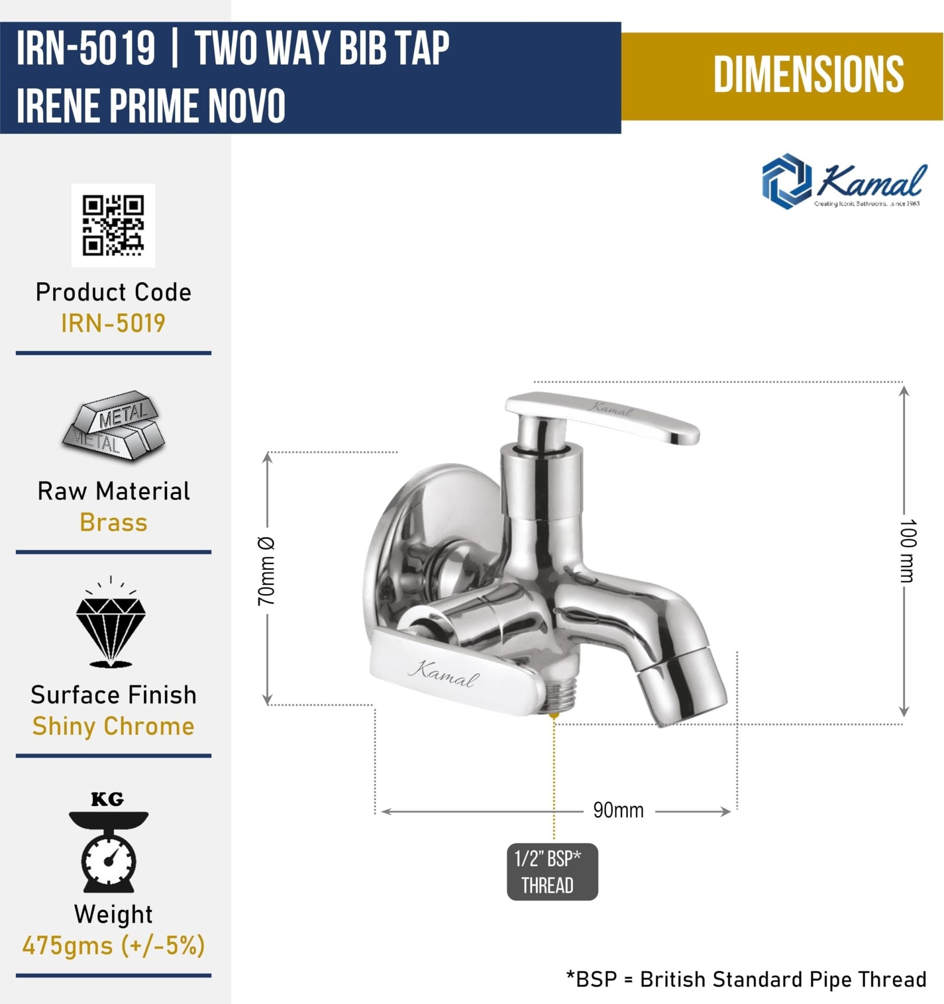 Irene Prime Novo Two Way Bib Tap (Full Brass)- by Kamal - Kamal Bathware