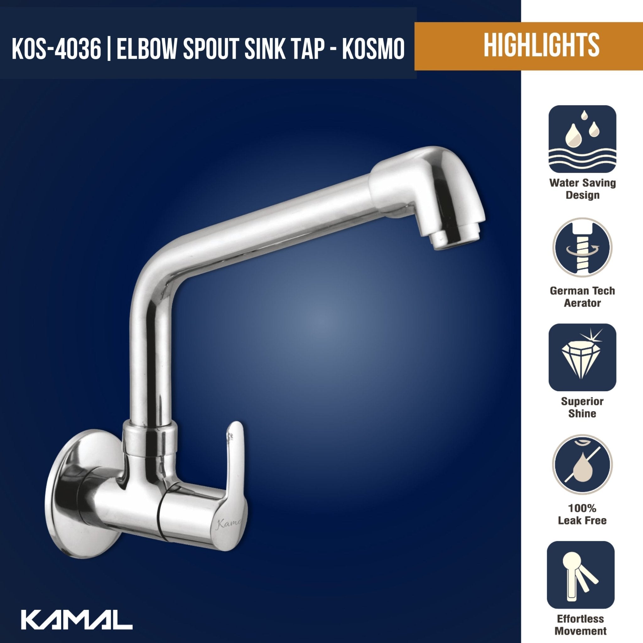 Kosmo Sink Tap Elbow Spout (Full Brass) - by Kamal - Kosmo - Kamal Bathware