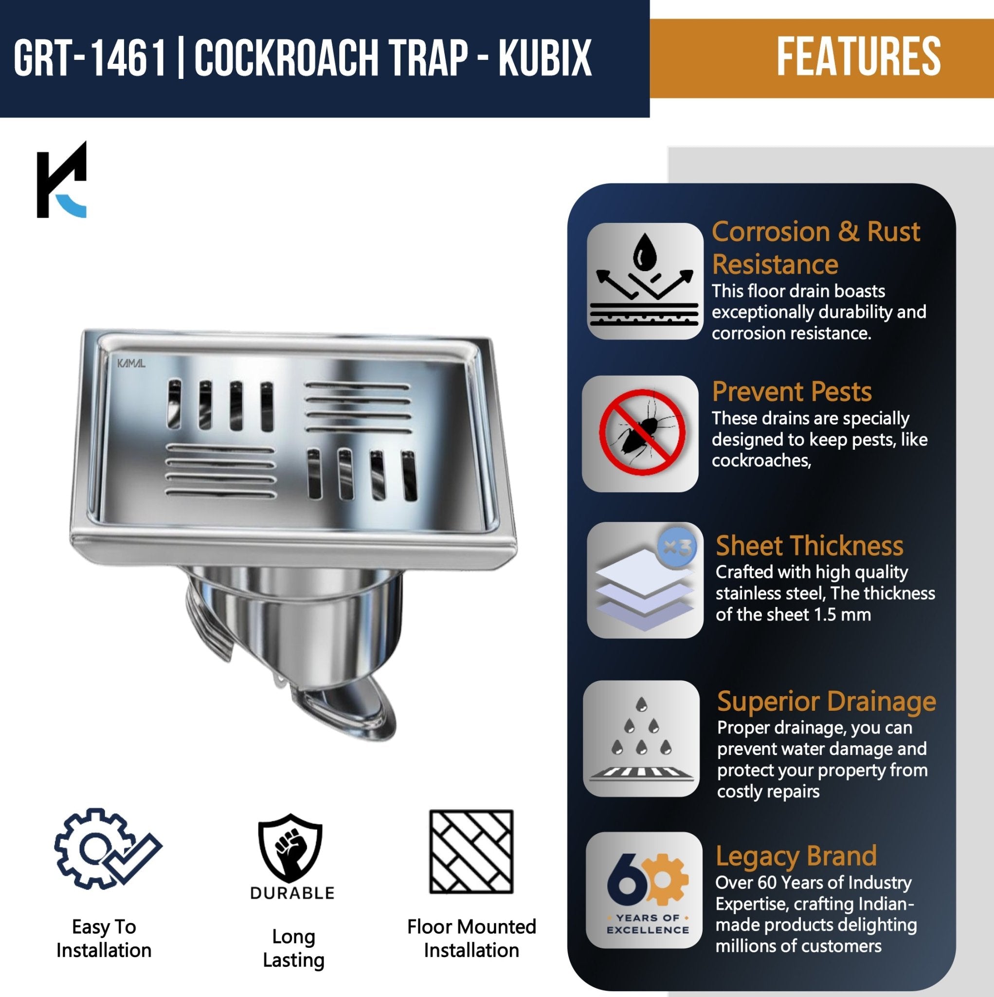 Kubix Cockroach Trap | SS 304 Grade Floor Drain Jali with Collar - by Kamal - Kubix - Kamal Bathware