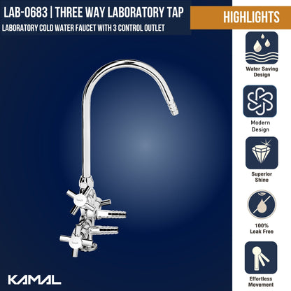 Laboratory Tap Three Way (Full Brass) - by Kamal - Faucets - Kamal Bathware