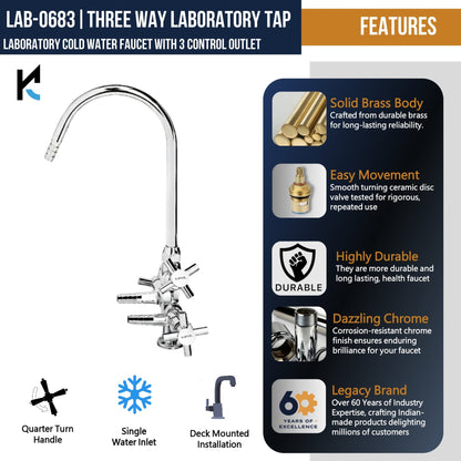 Laboratory Tap Three Way (Full Brass) - by Kamal - Faucets - Kamal Bathware