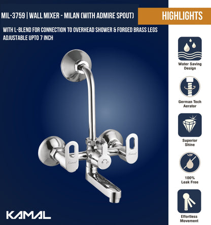 Milan Wall Mixer with L Bend Pipe Admire Spout (Full Brass) - by Kamal - Milan - Kamal Bathware