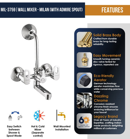 Milan Wall Mixer with L Bend Pipe Admire Spout (Full Brass) - by Kamal - Milan - Kamal Bathware