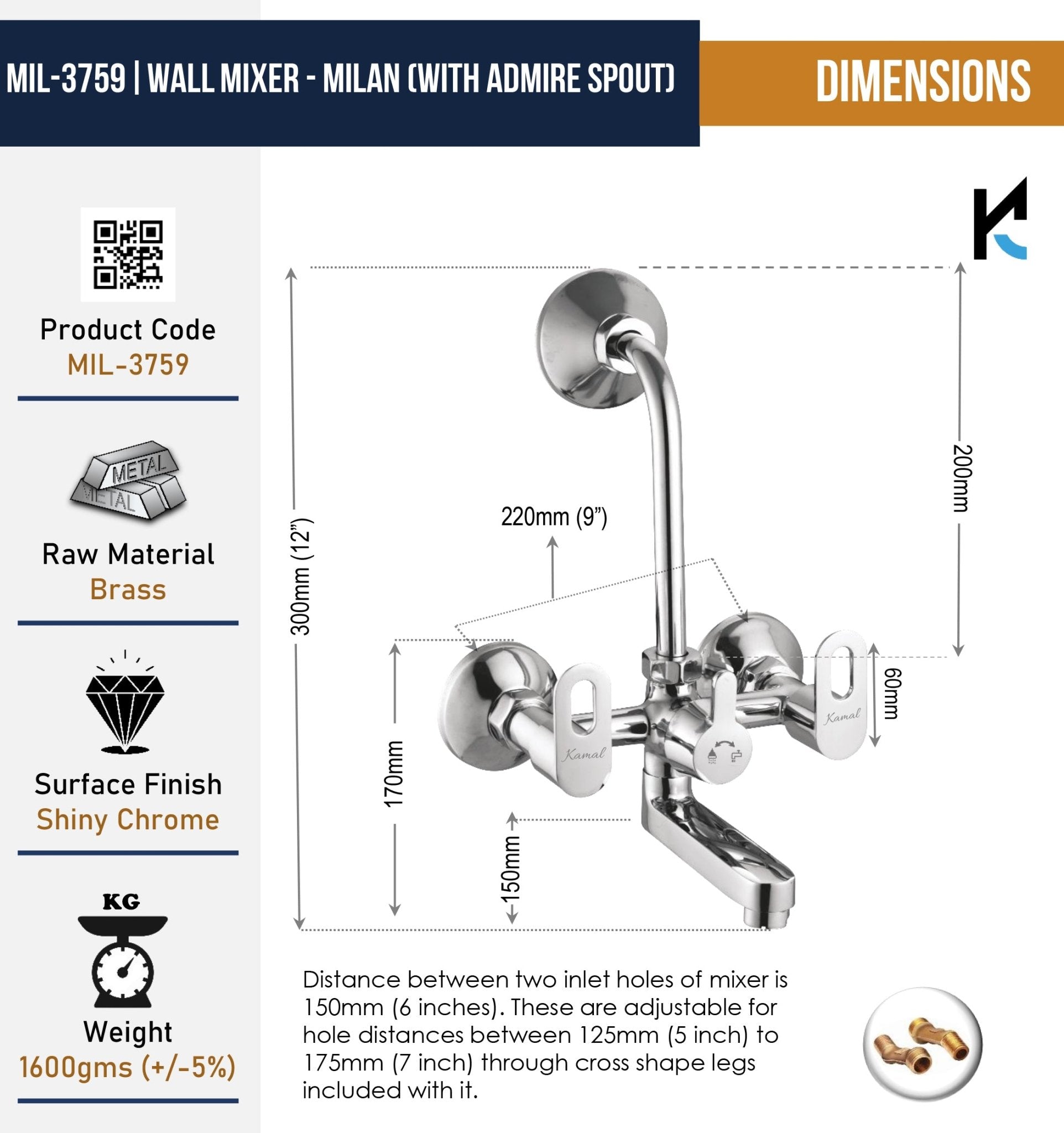 Milan Wall Mixer with L Bend Pipe Admire Spout (Full Brass) - by Kamal - Milan - Kamal Bathware