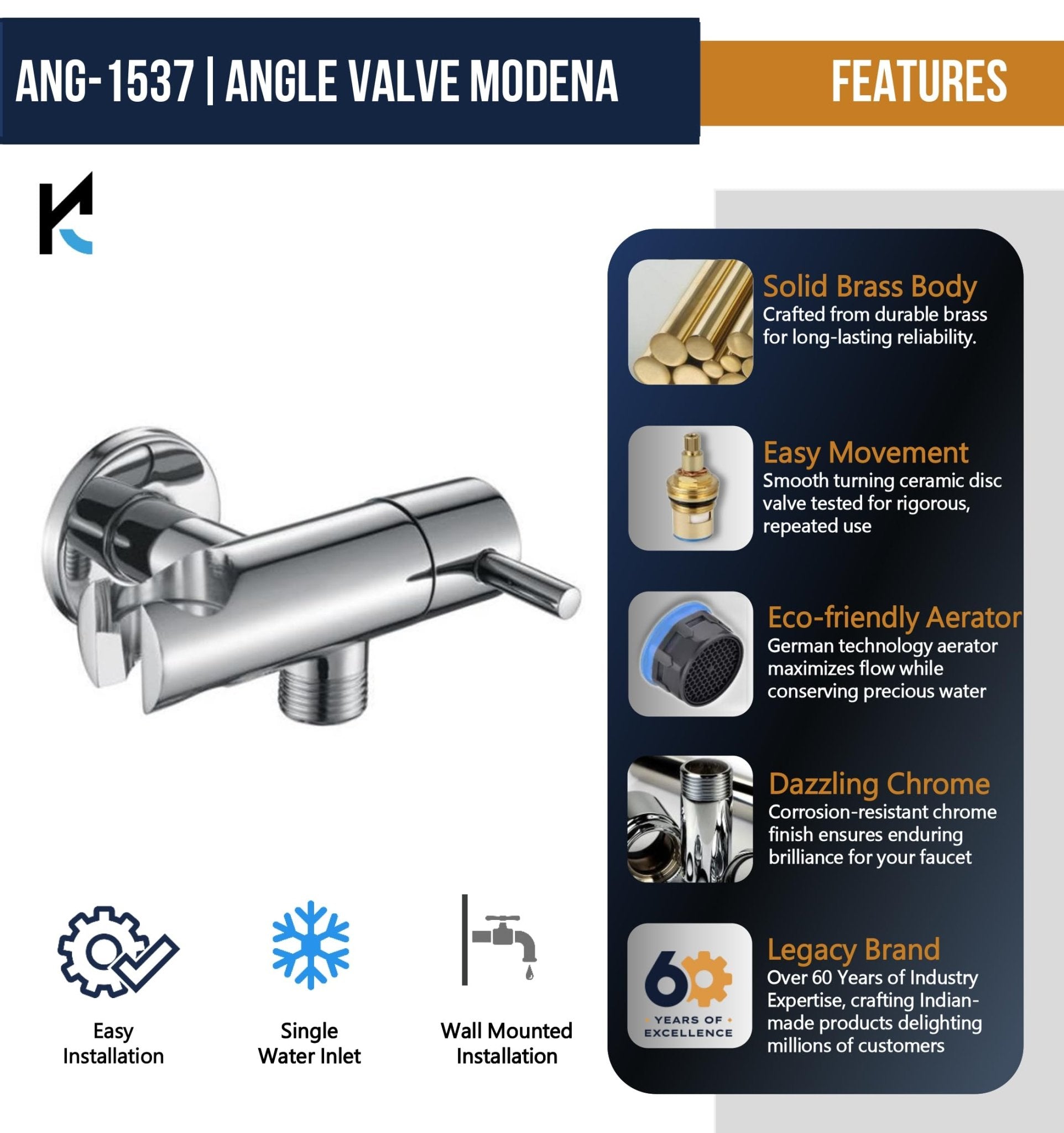 Modena Premium Angle Valve with Holder (Full Brass) - by Kamal - Kamal Bathware