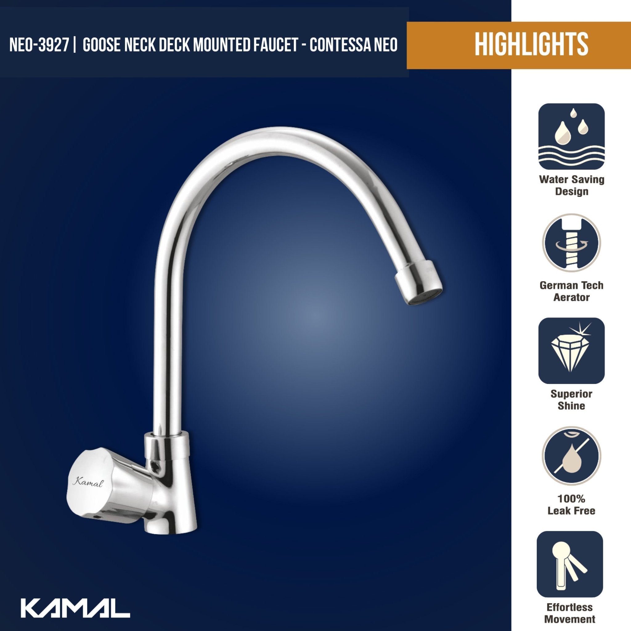 Neo C - Bend Spout Gosseneck Sink Faucet (Full Brass) - by Kamal - Neo - Kamal Bathware
