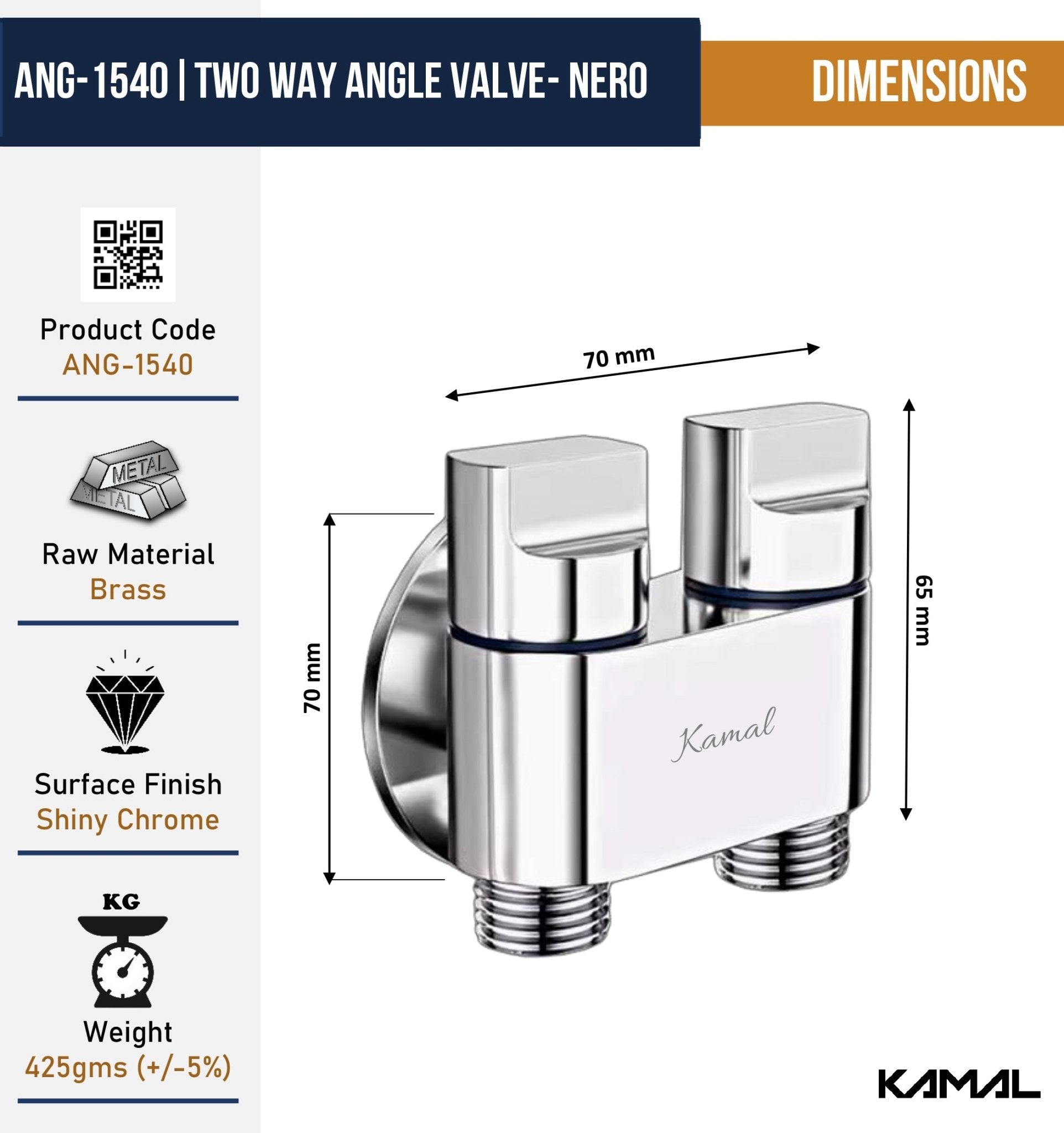 Nero Two Way Angle Valve (Full Brass) - by Kamal - Nero - Kamal Bathware