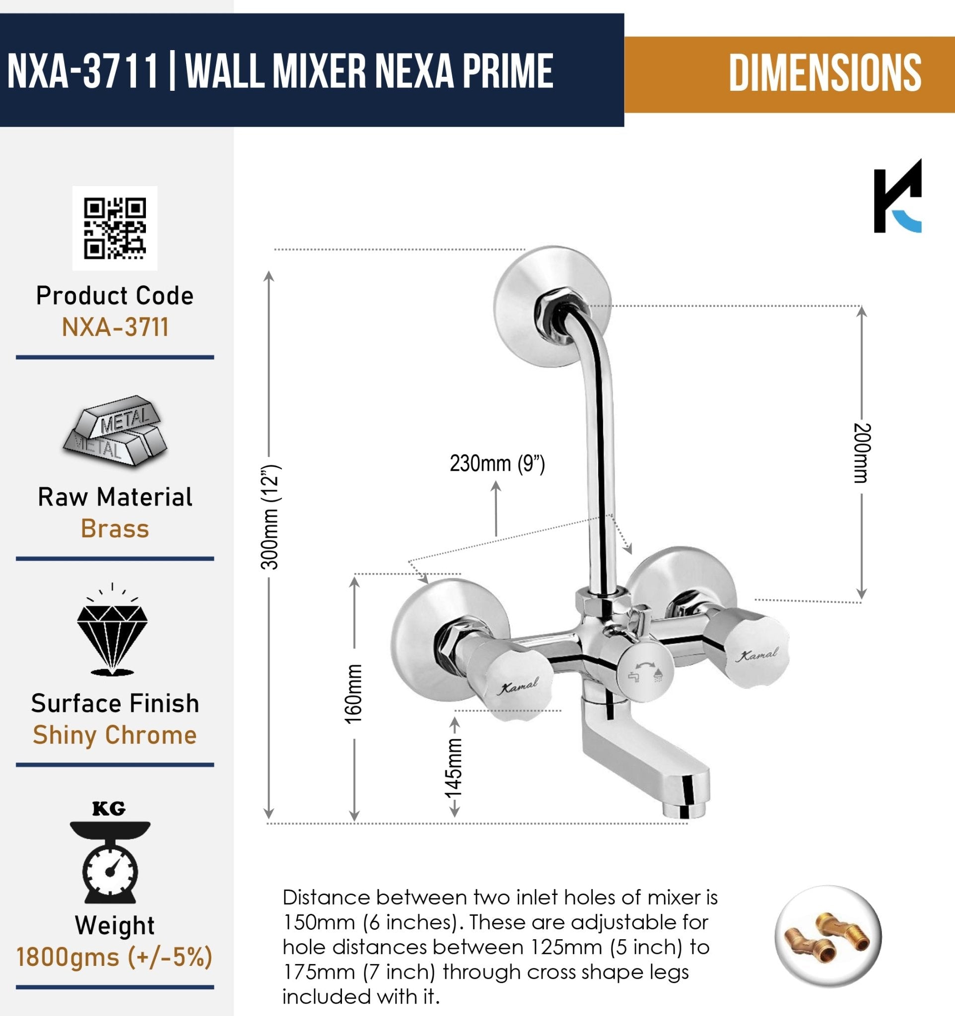 Nexa Prime Wall Mixer with L - Bend & Connecting Legs (Full Brass) - by Kamal - Nexa Prime - Kamal Bathware