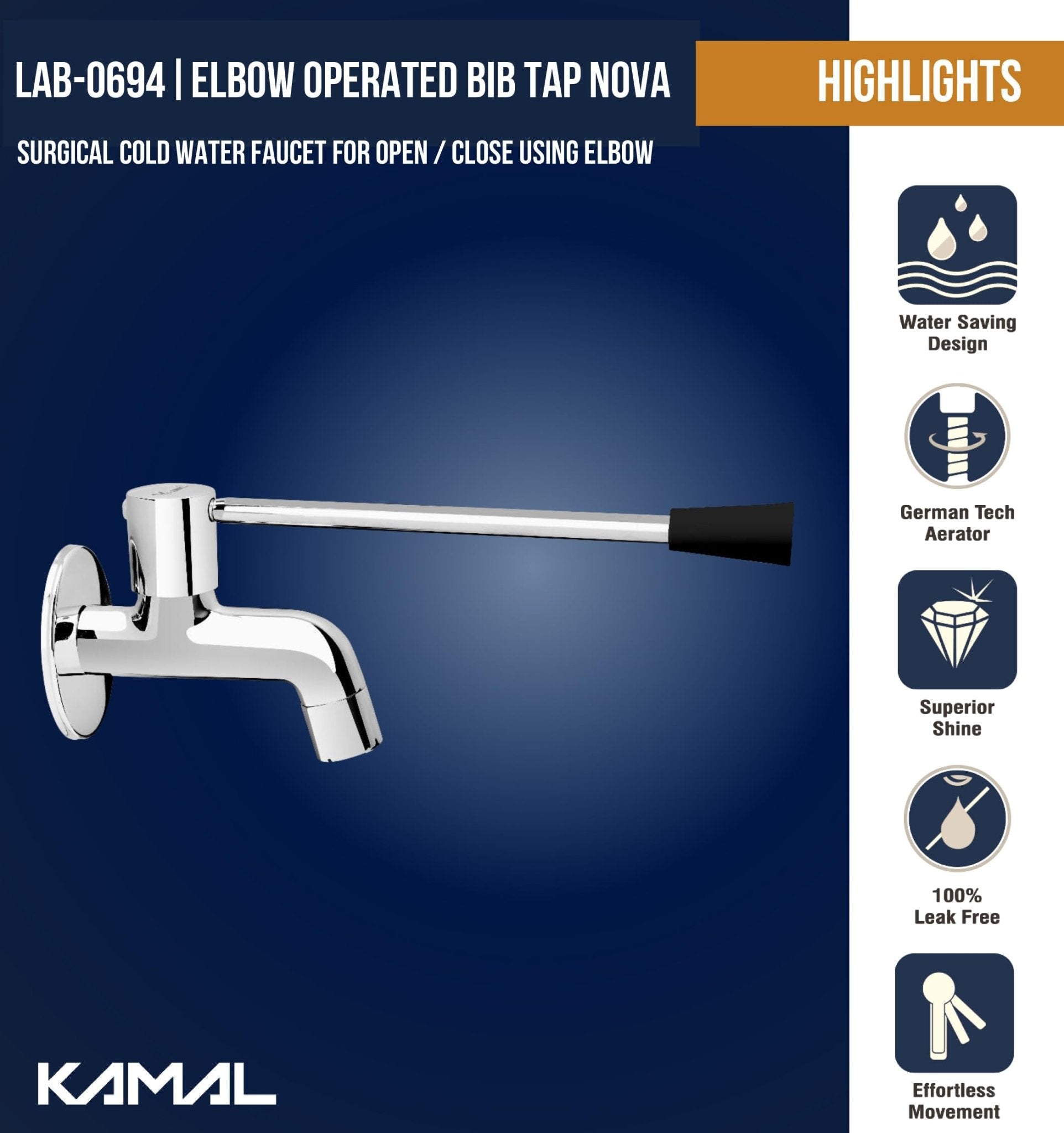 Nova Elbow Action Bib Tap Faucet (Full Brass) - by Kamal - Kamal Bathware