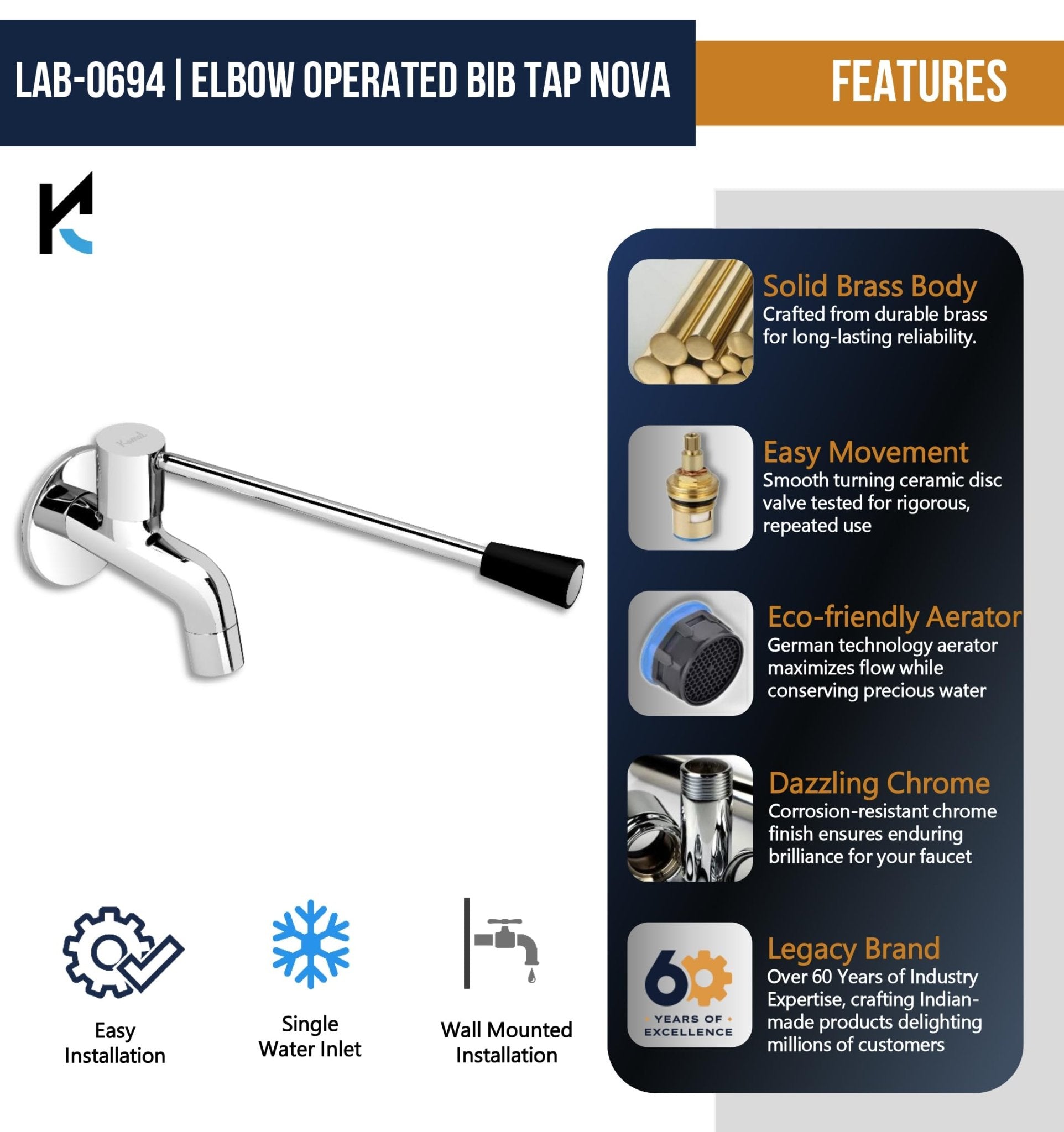 Nova Elbow Action Bib Tap Faucet (Full Brass) - by Kamal - Kamal Bathware