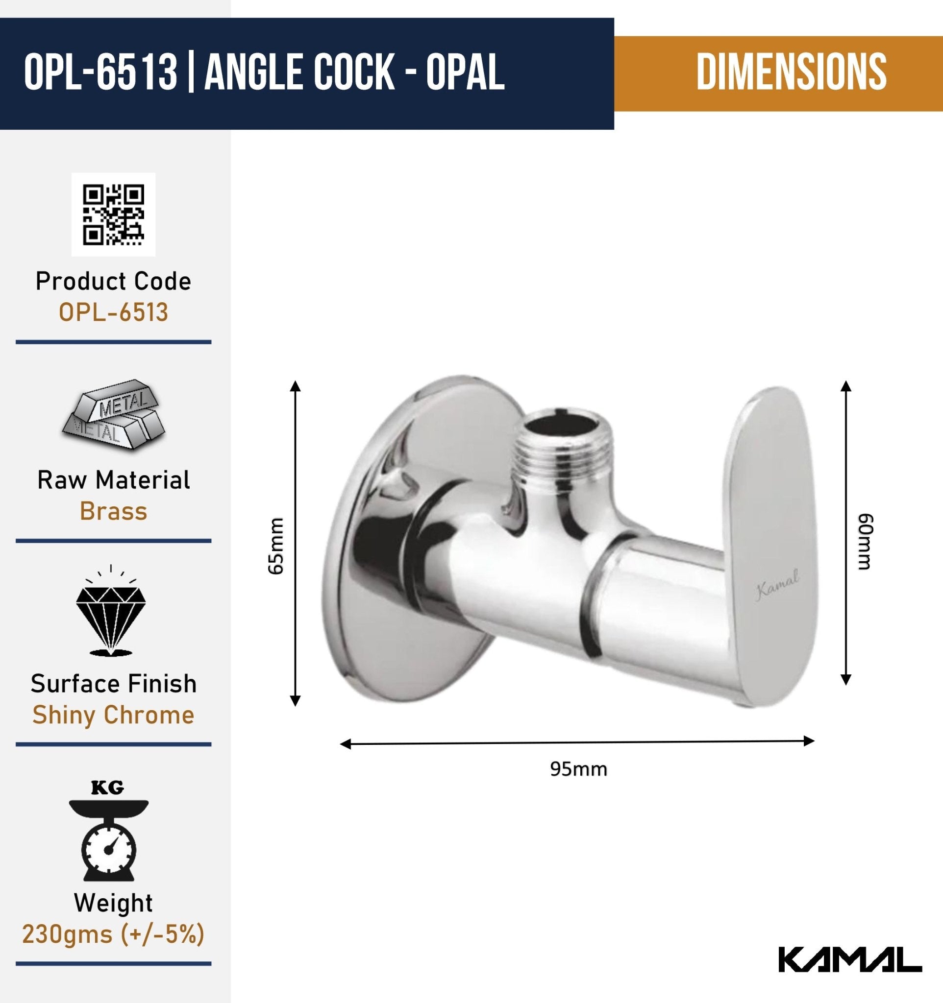 Opal Angle Valve (Full Brass) - by Kamal - Kamal Bathware