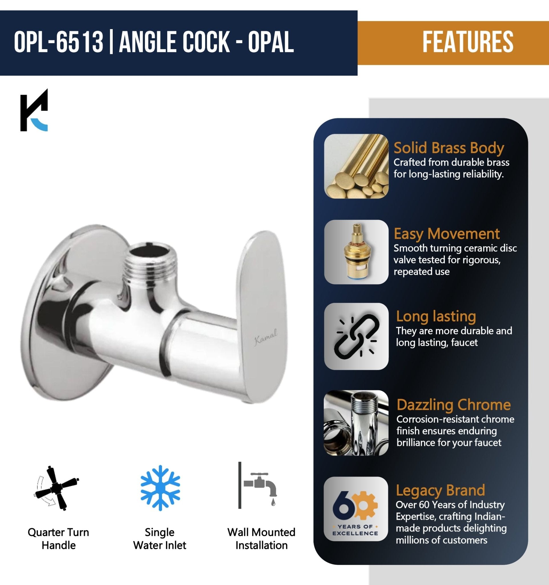 Opal Angle Valve (Full Brass) - by Kamal - Kamal Bathware
