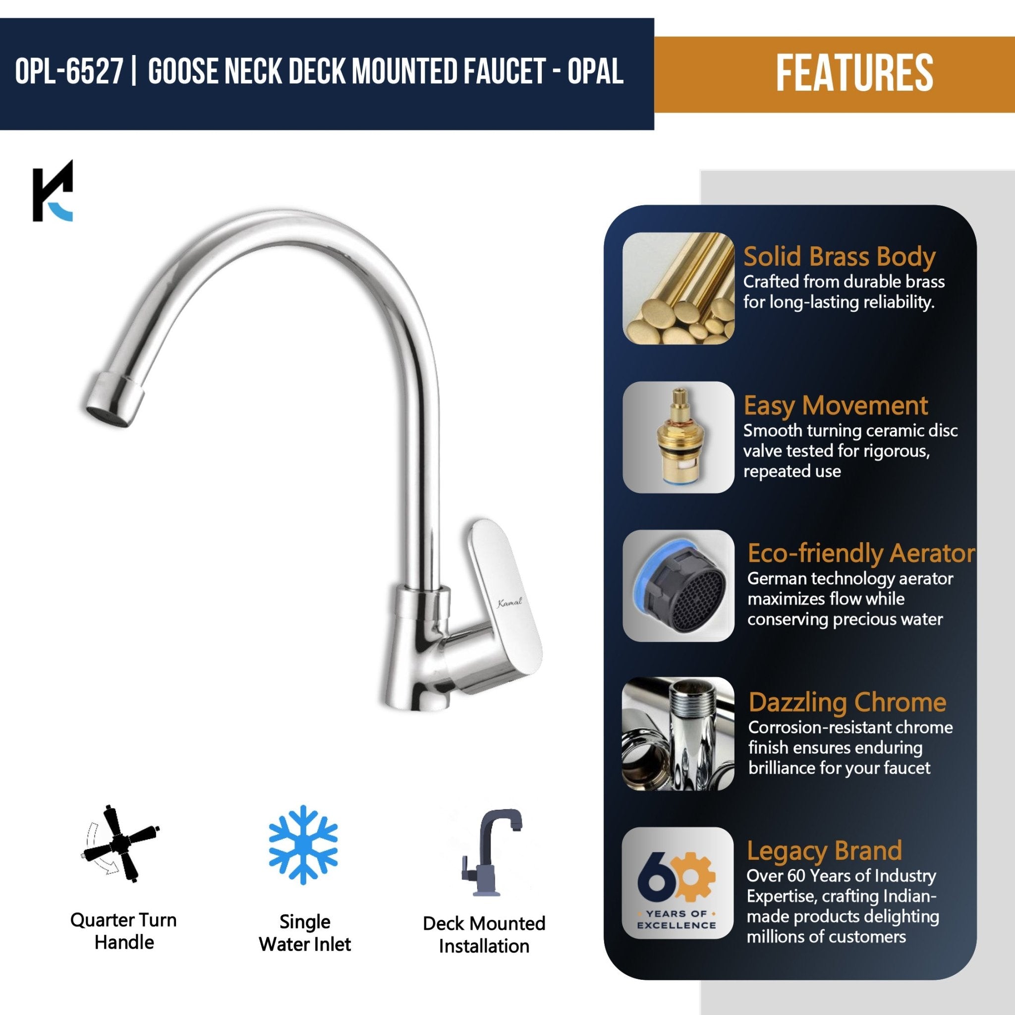 Opal C - Bend Spout Gosseneck Sink Faucet (Full Brass) - by Kamal - Opal - Kamal Bathware