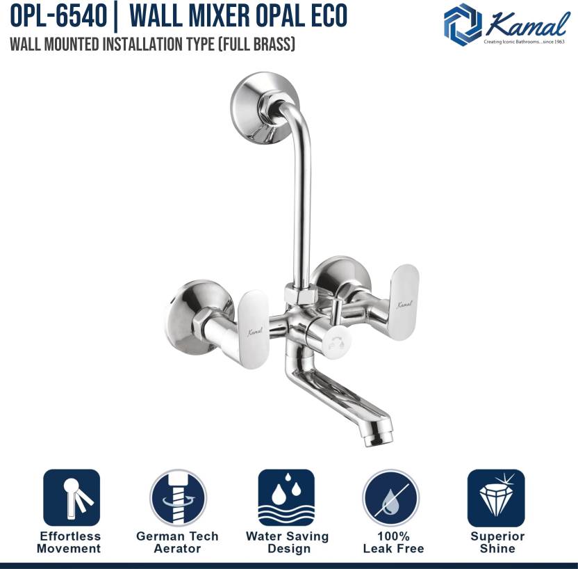 Opal Eco Wall Mixer with L Bend Pipe (Full Brass) - by Kamal - Opal - Kamal Bathware