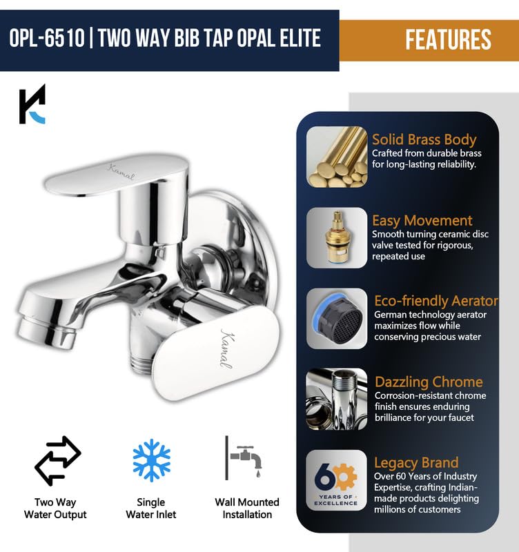 Opal Elite Two Way Bib Tap (Full Brass) - by Kamal - Kamal Bathware