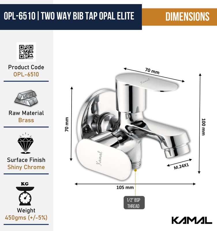 Opal Elite Two Way Bib Tap (Full Brass) - by Kamal - Kamal Bathware