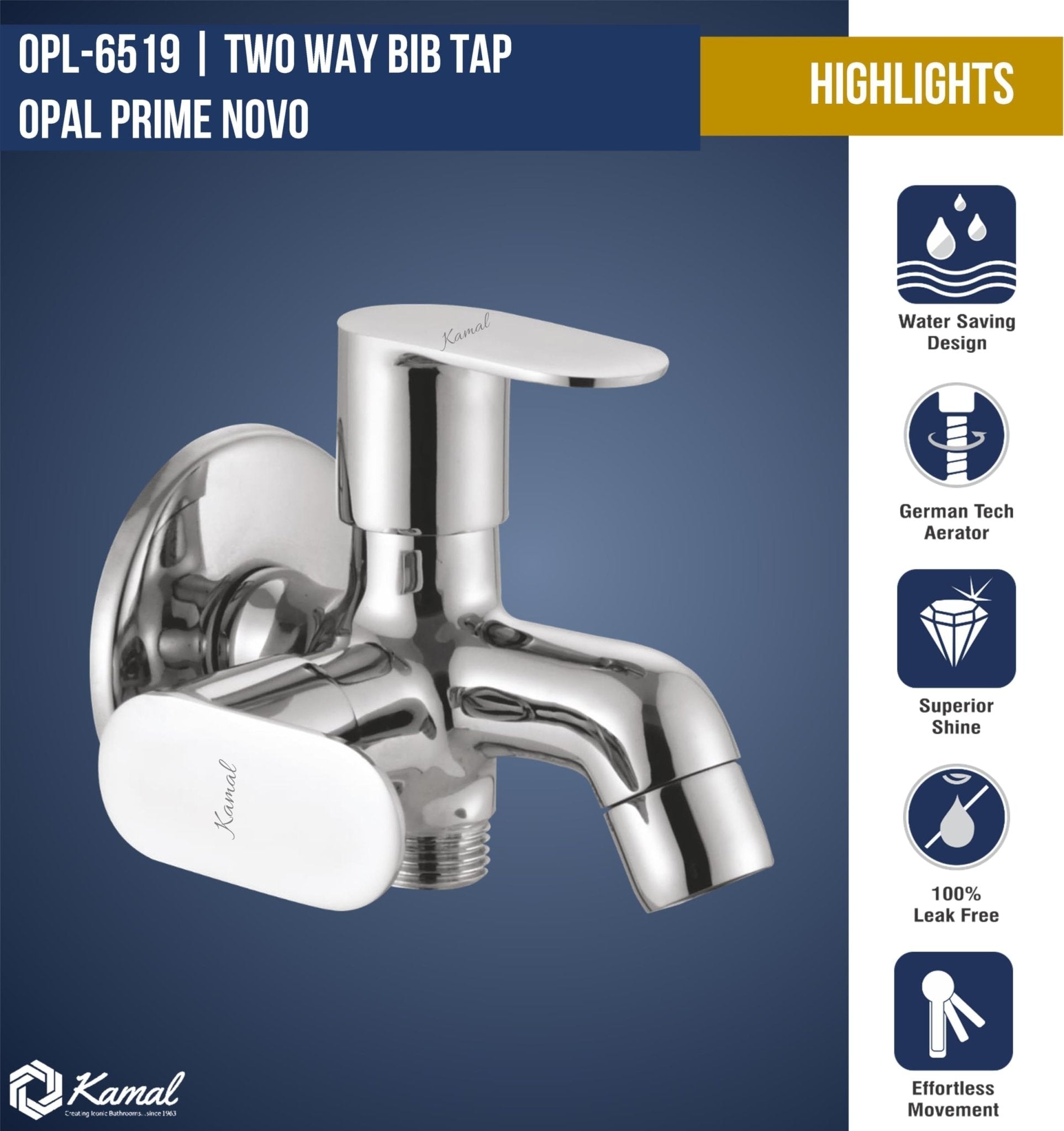 Opal Prime Novo Two Way Bib Tap (Full Brass) - by Kamal - Opal Prime Novo - Kamal Bathware
