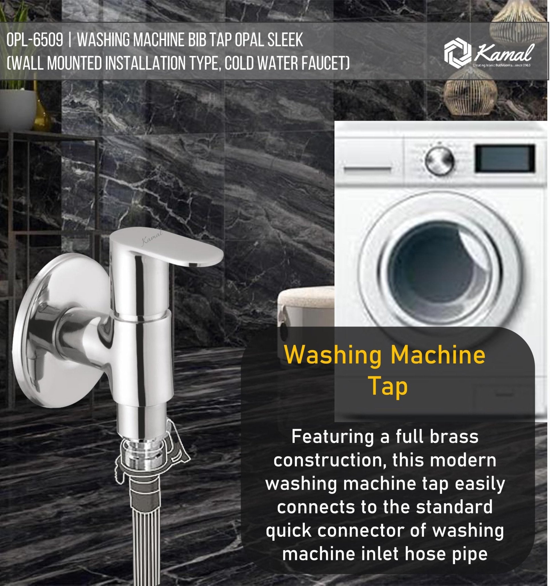 Opal Sleek Washing Machine Bib Tap (Full Brass) - by Kamal - Opal - Kamal Bathware
