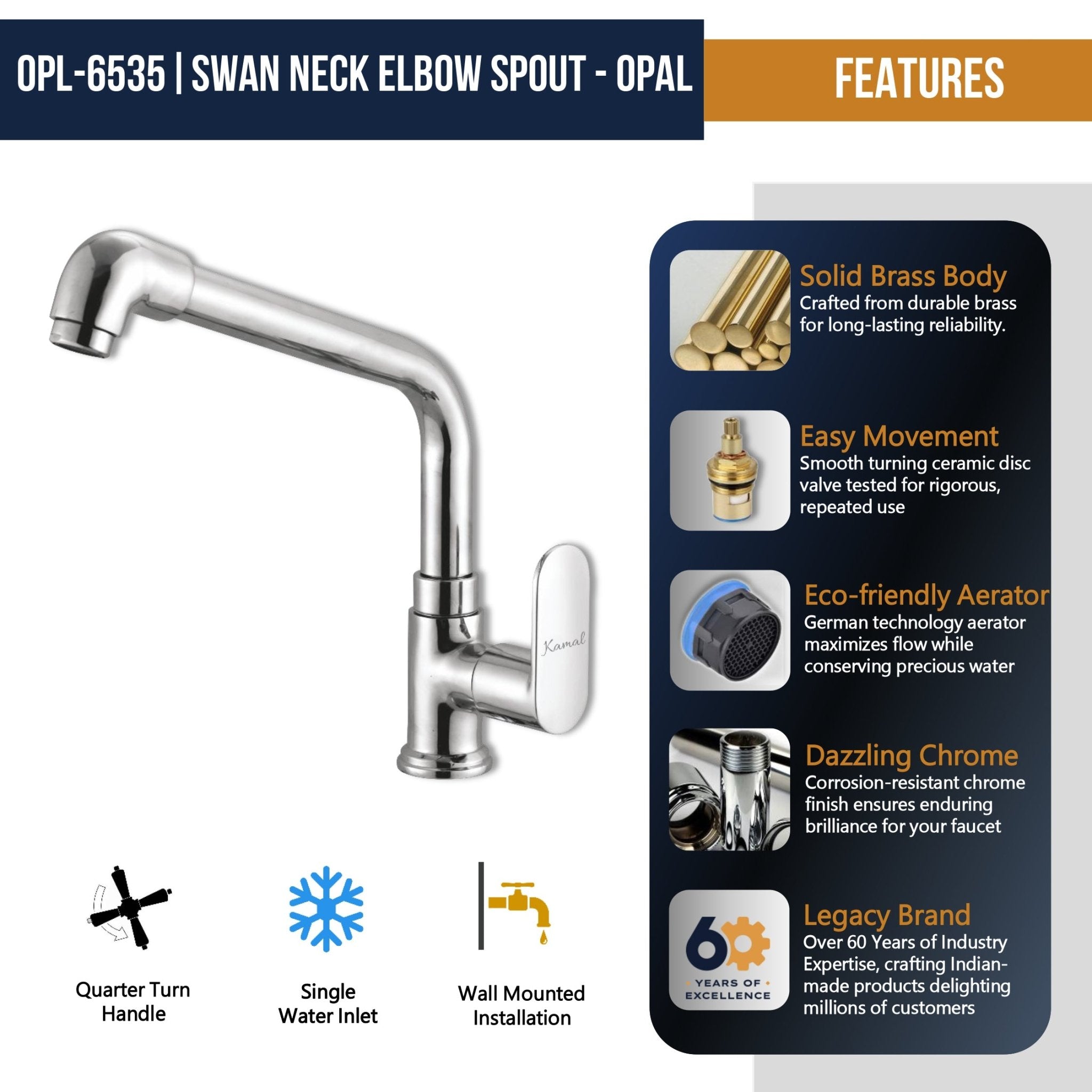 Opal Swan Neck Elbow Spout (Full Brass) - by Kamal - Opal - Kamal Bathware