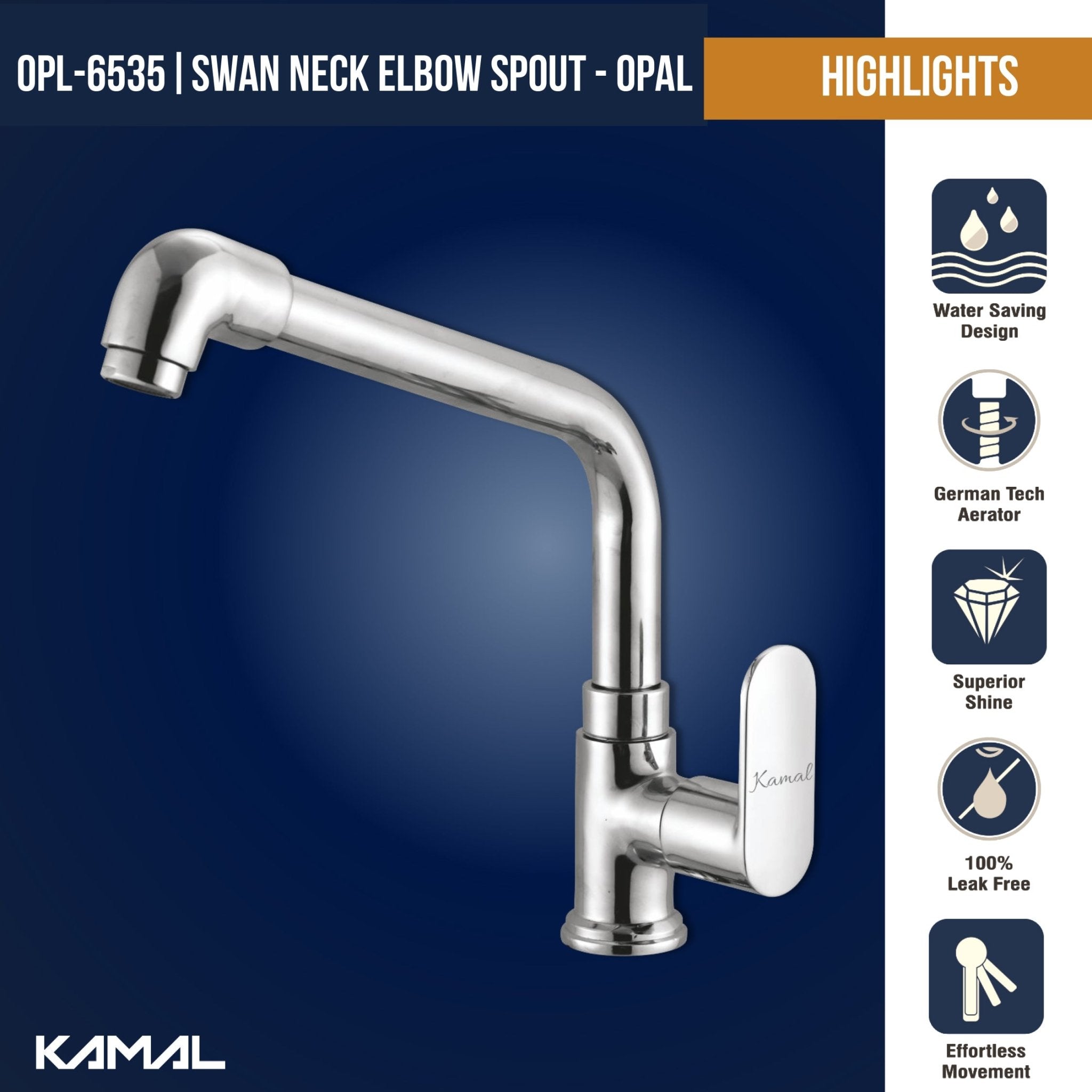 Opal Swan Neck Elbow Spout (Full Brass) - by Kamal - Opal - Kamal Bathware