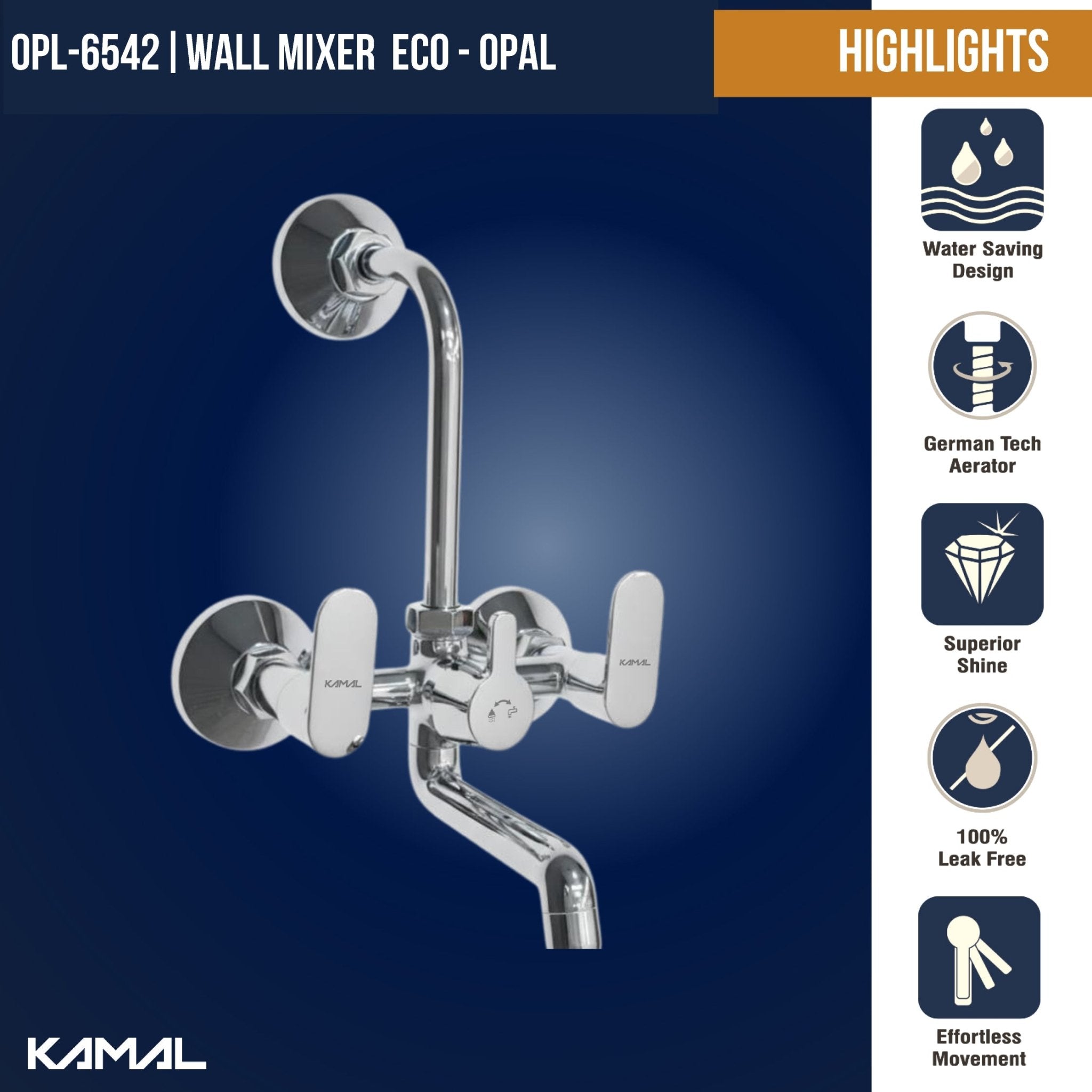 Opal Wall Mixer with L Bend Pipe (Full Brass) - by Kamal - Opal - Kamal Bathware