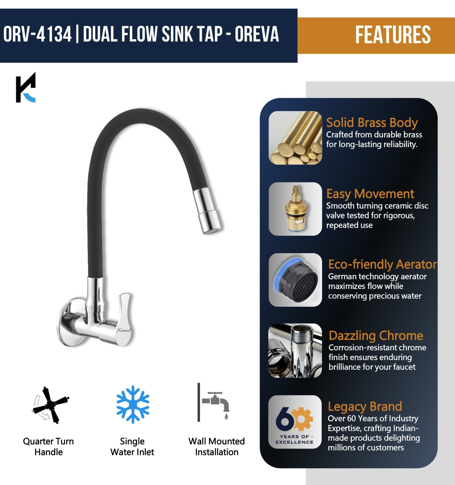 Oreva Dual Flow Sink Tap – by Kamal - Oreva - Kamal Bathware