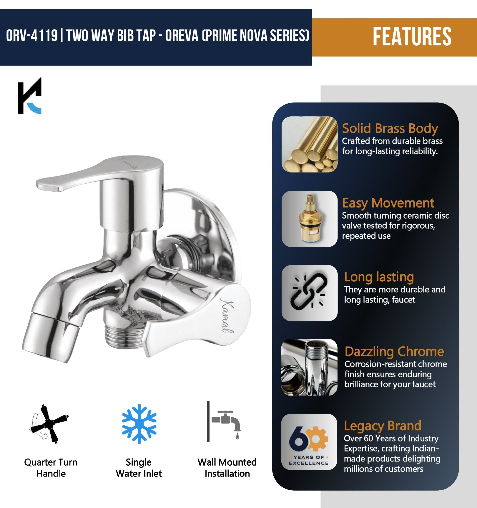 Oreva Prime Nova Series Two Way Bib Tap (Full Brass) - by Kamal - Oreva Prime Nova - Kamal Bathware