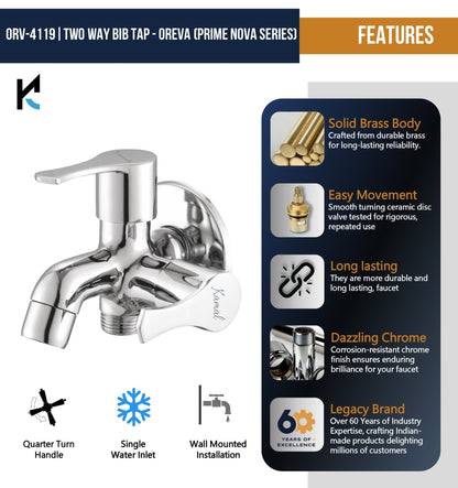Oreva Prime Nova Series Two Way Bib Tap (Full Brass) - by Kamal - Oreva Prime Nova - Kamal Bathware