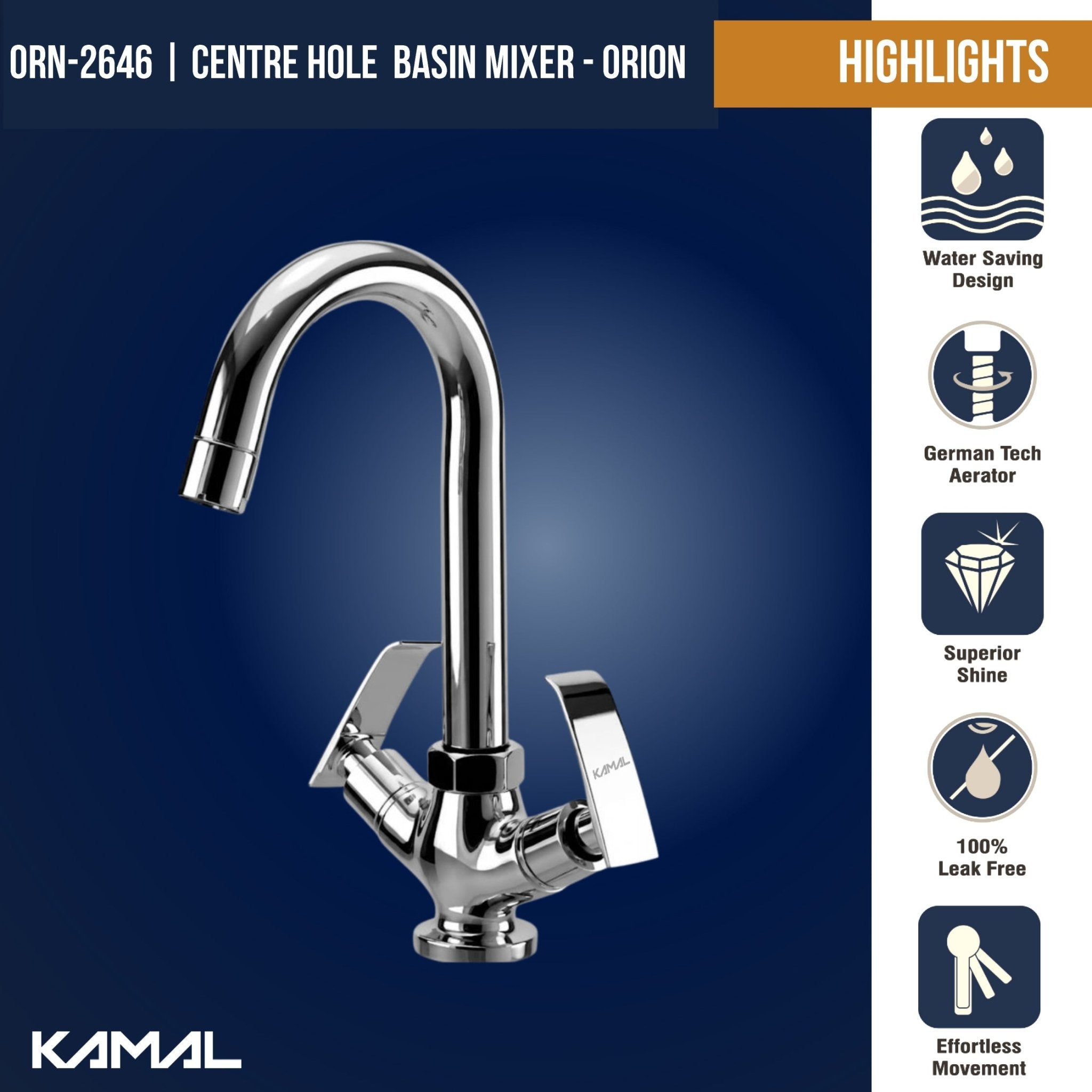 Orion Centre Hole Basin Mixer (Full Brass) - by Kamal - Orion - Kamal Bathware
