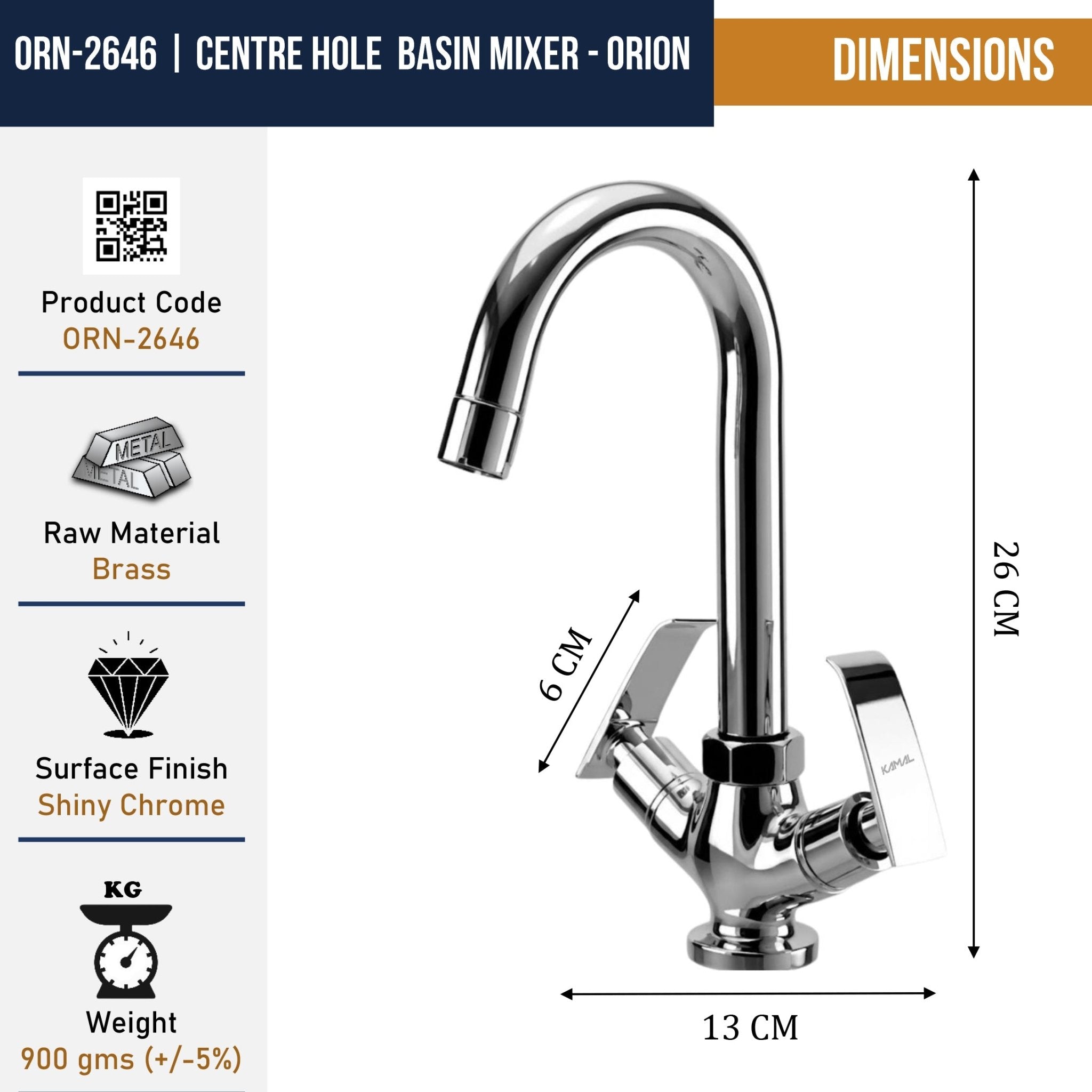 Orion Centre Hole Basin Mixer (Full Brass) - by Kamal - Orion - Kamal Bathware