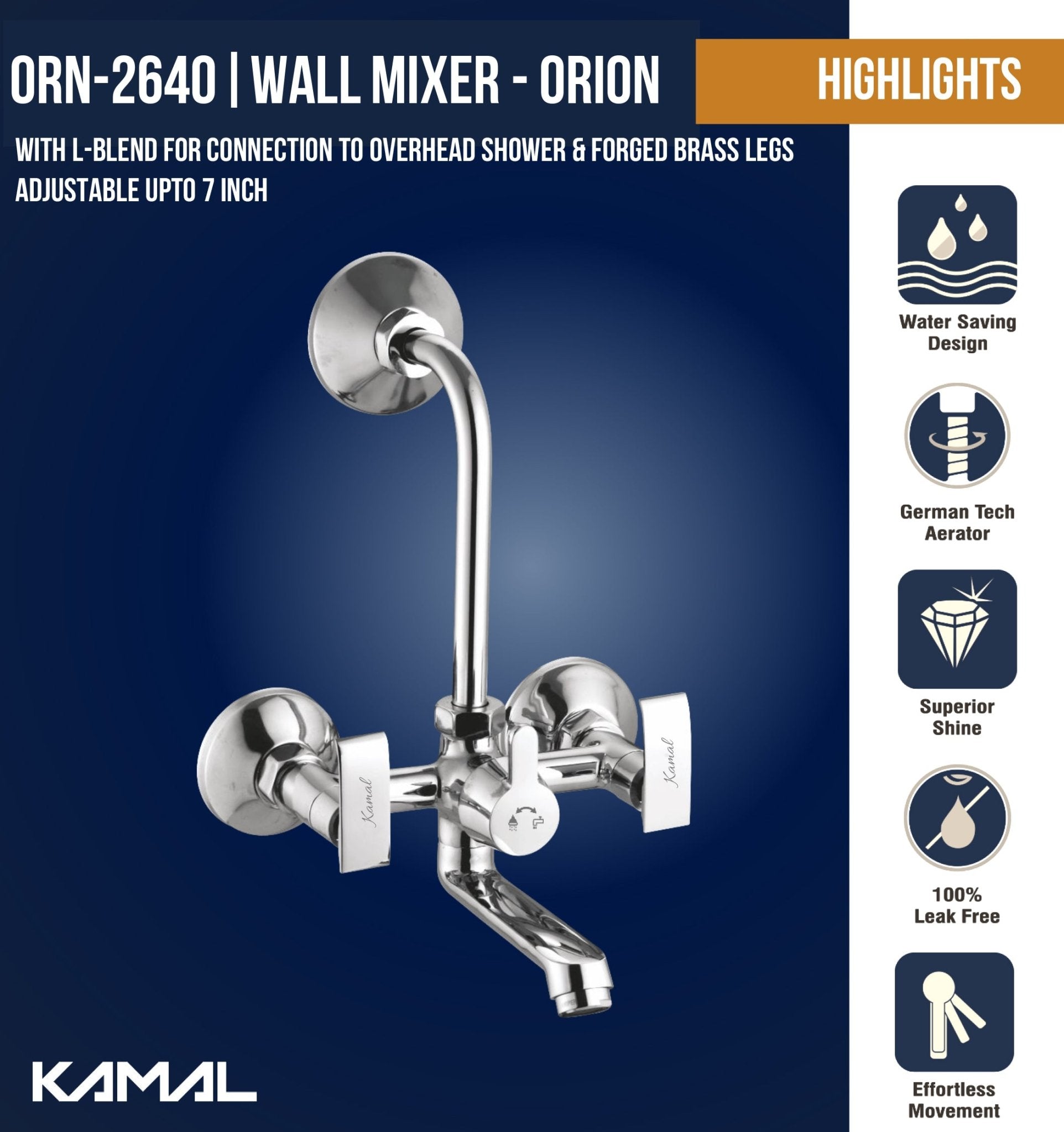 Orion Eco Wall Mixer Tap with Long L Bend Pipe (Full Brass) - by Kamal - Kamal Bathware