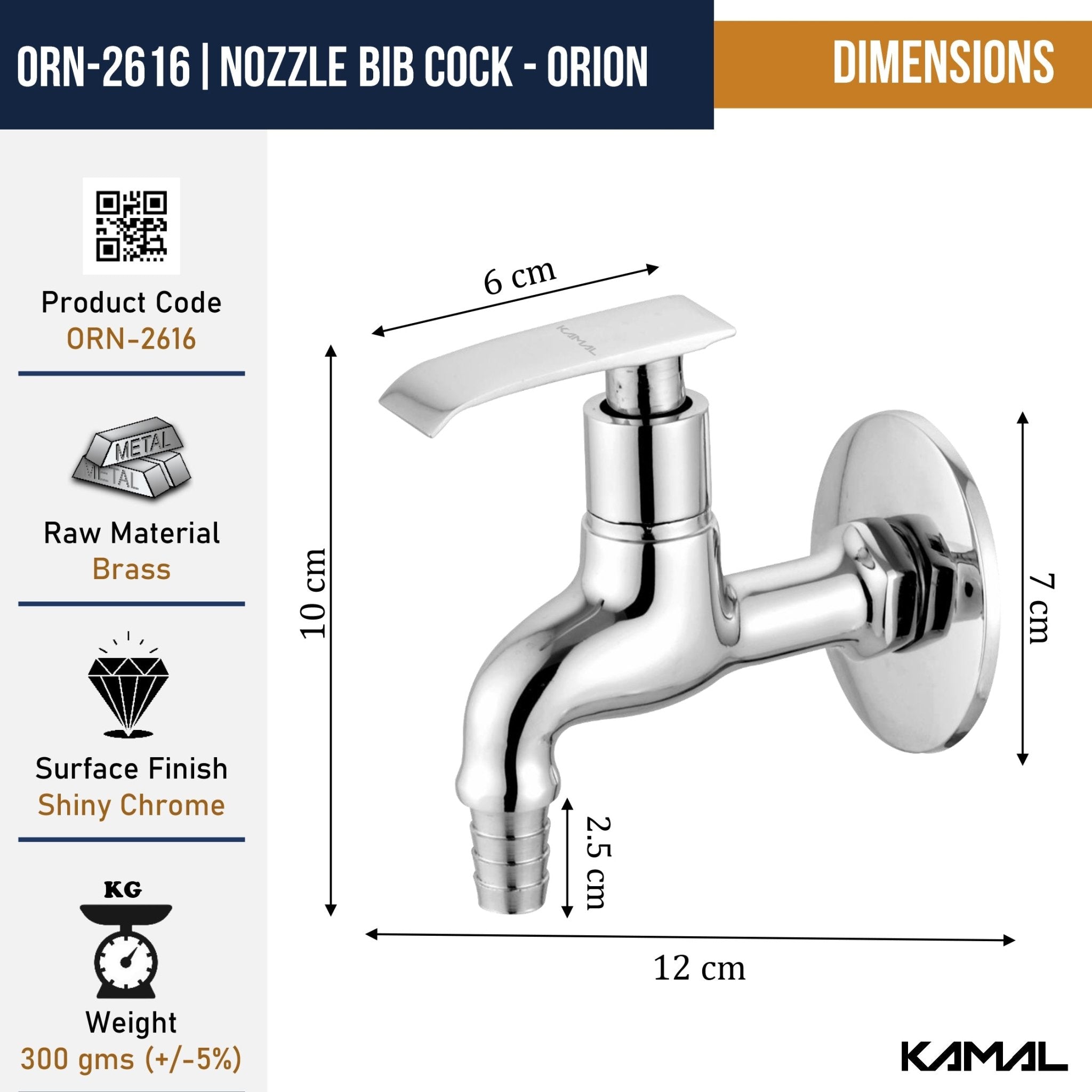 Orion Nozzle Bib Tap with Wall Flange (Full Brass) - by Kamal - Orion - Kamal Bathware