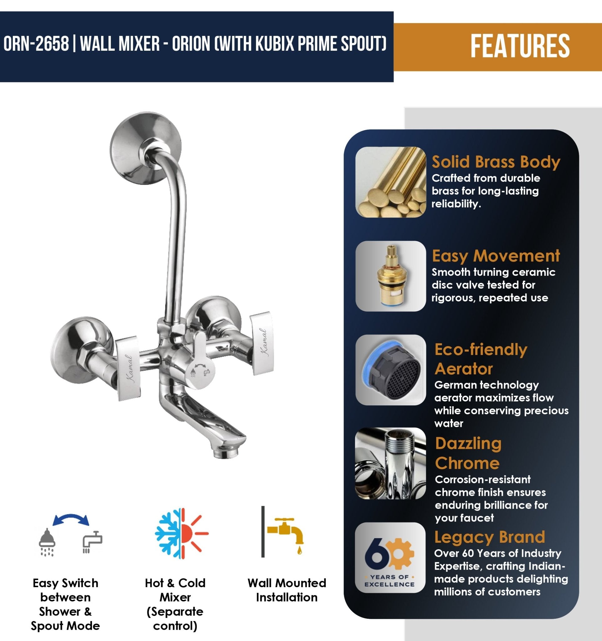 Orion Wall Mixer Kubix Prime Spout Long L Bend Pipe (Full Brass) - by Kamal - Orion - Kamal Bathware