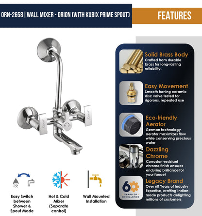 Orion Wall Mixer Kubix Prime Spout Long L Bend Pipe (Full Brass) - by Kamal - Orion - Kamal Bathware