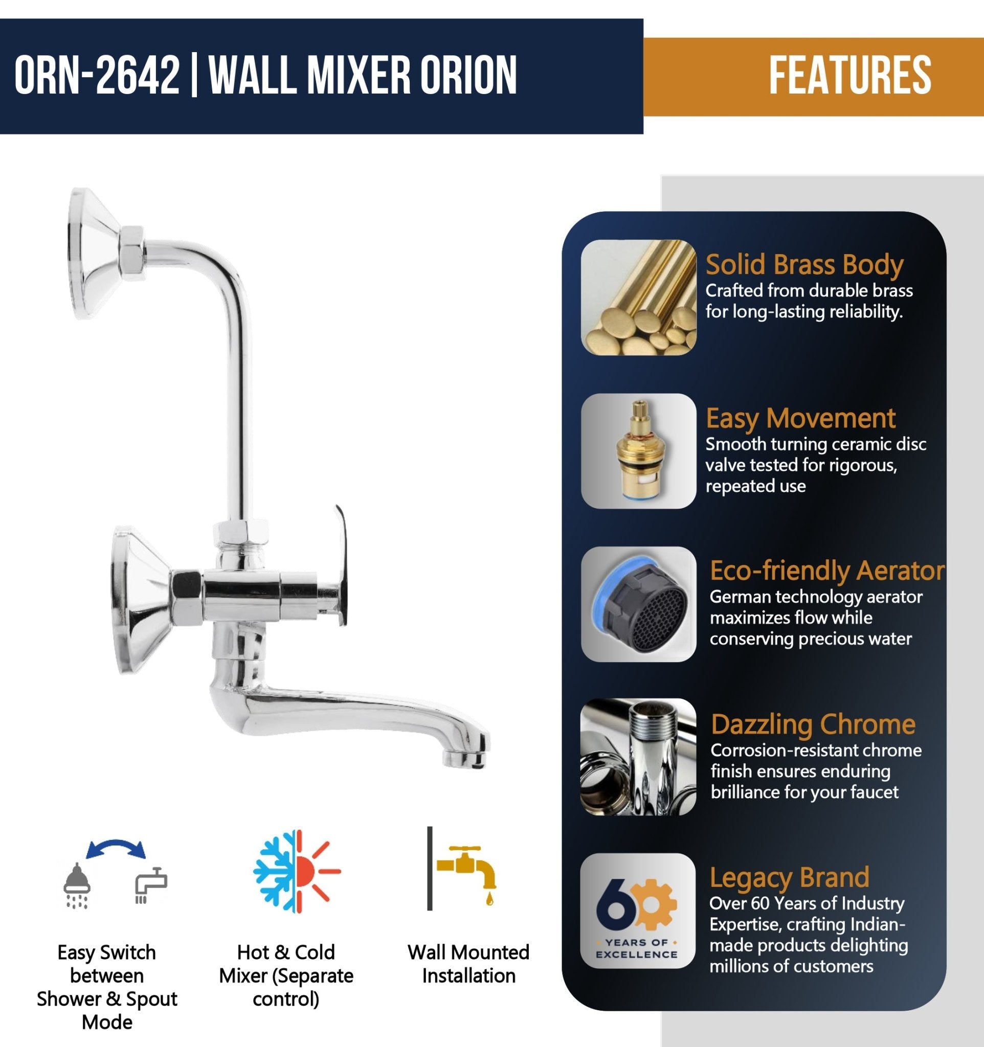 Orion Wall Mixer with L-Bend Pipe (Full Brass) - by Kamal - Kamal Bathware